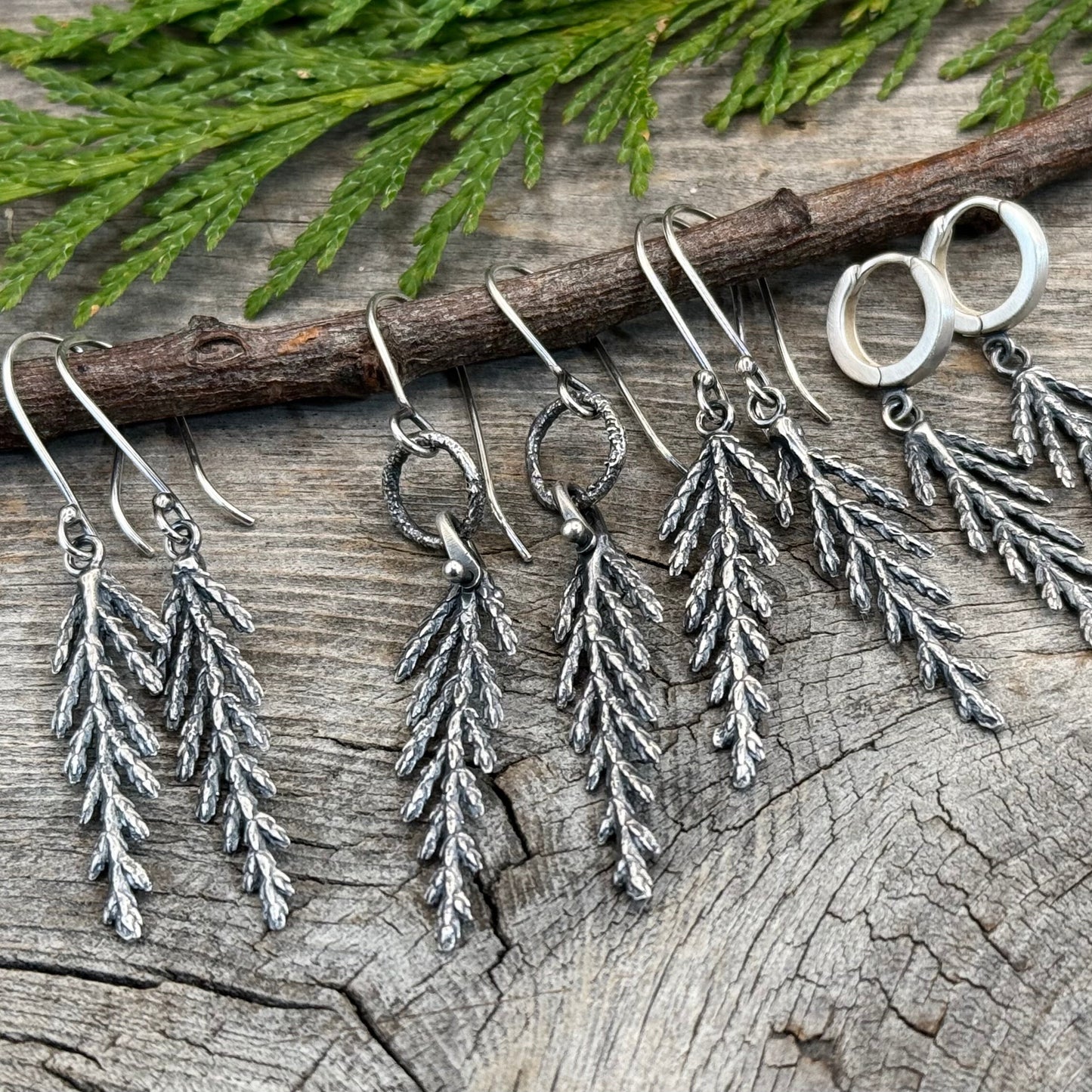 Lichen Hoop Cedar Leaf Sterling Silver Dangles Pre-order