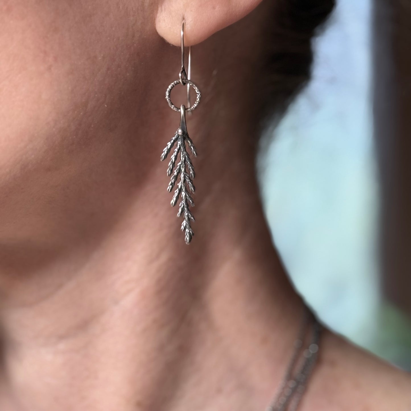 Lichen Hoop Cedar Leaf Sterling Silver Dangles Pre-order
