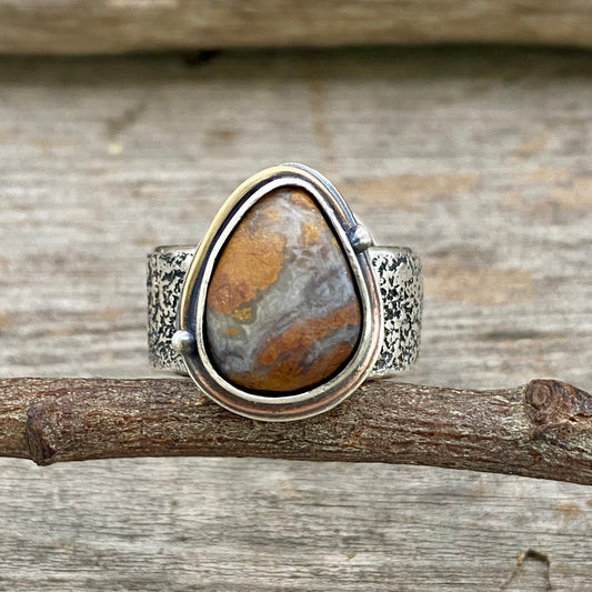 Oregon jasper mixed metal lichen band ring