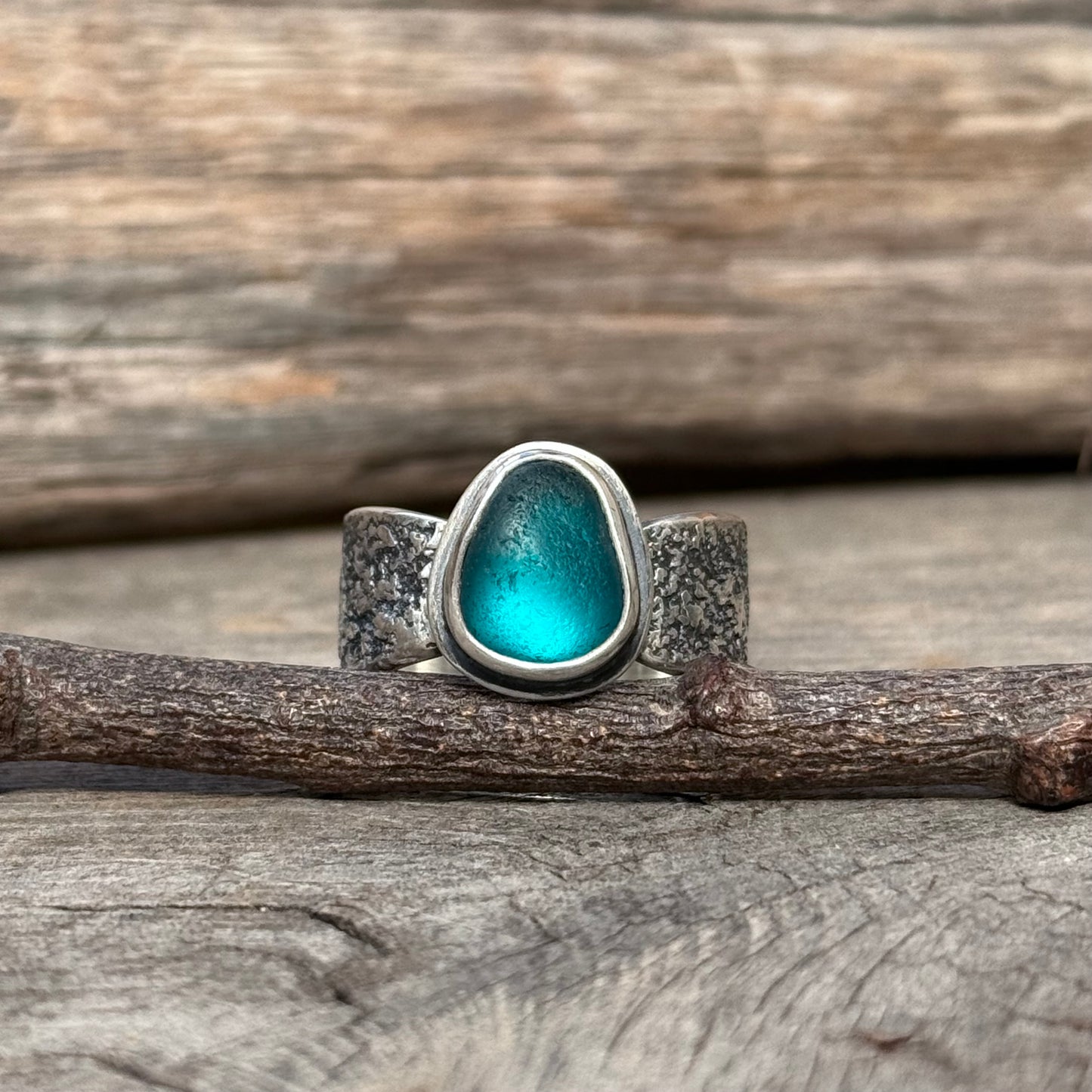 Glimmering Shore Silver and Sea Glass Ring - Teal Blue