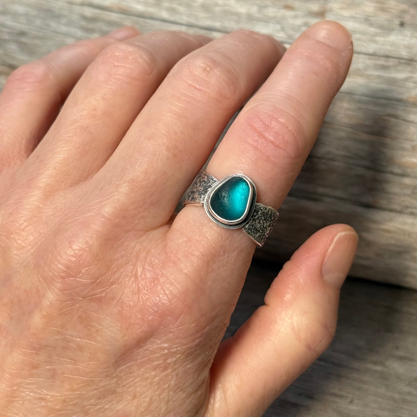 Glimmering Shore Silver and Sea Glass Ring - Teal Blue