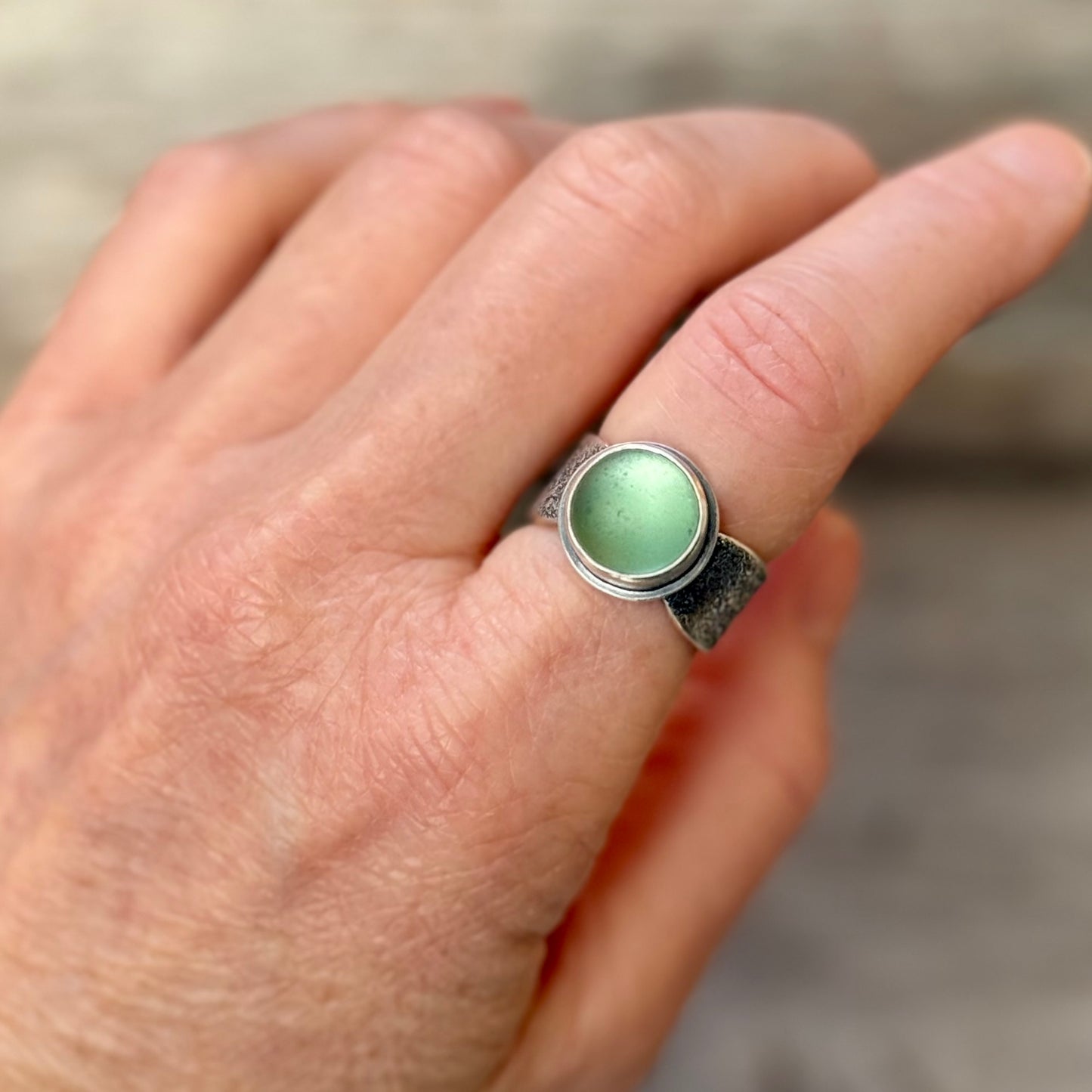Glimmering Shore Silver and Sea Glass Ring - Sea Foam Green