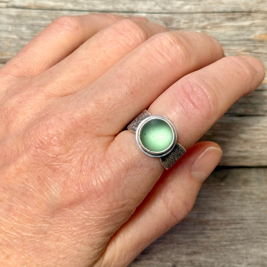Glimmering Shore Silver and Sea Glass Ring - Sea Foam Green