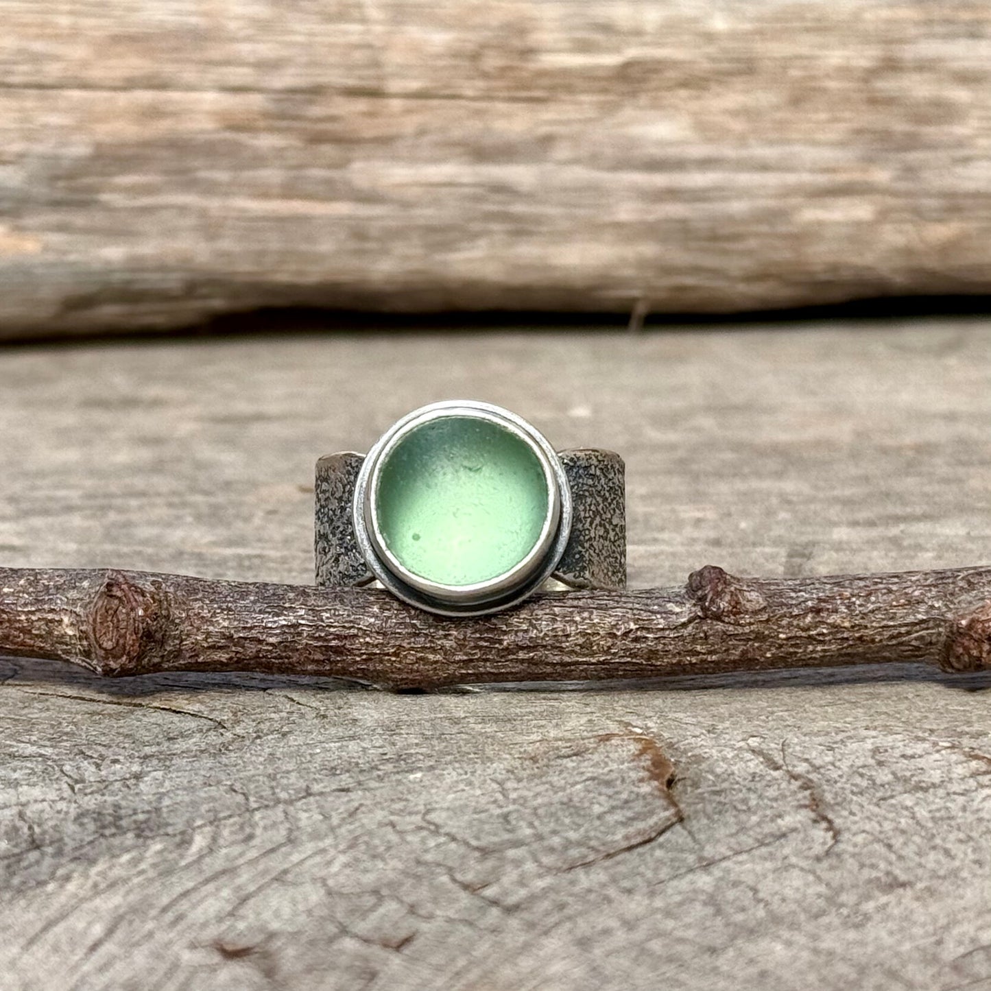 Glimmering Shore Silver and Sea Glass Ring - Sea Foam Green