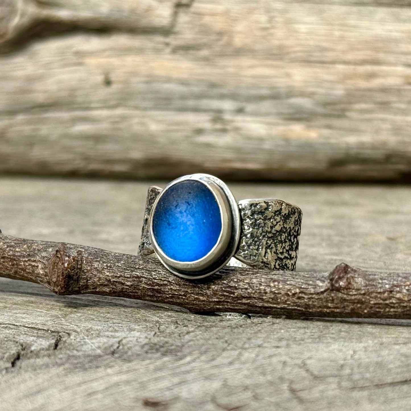 Glimmering Shore Silver and Sea Glass Ring - Cobalt Blue