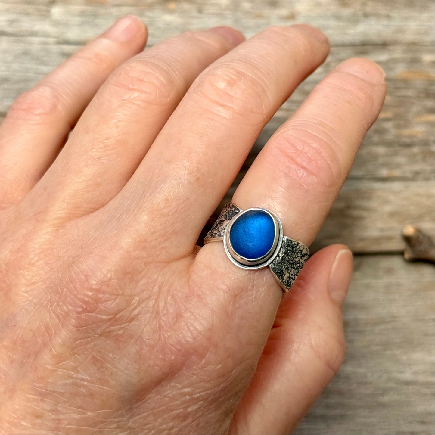 Glimmering Shore Silver and Sea Glass Ring - Cobalt Blue