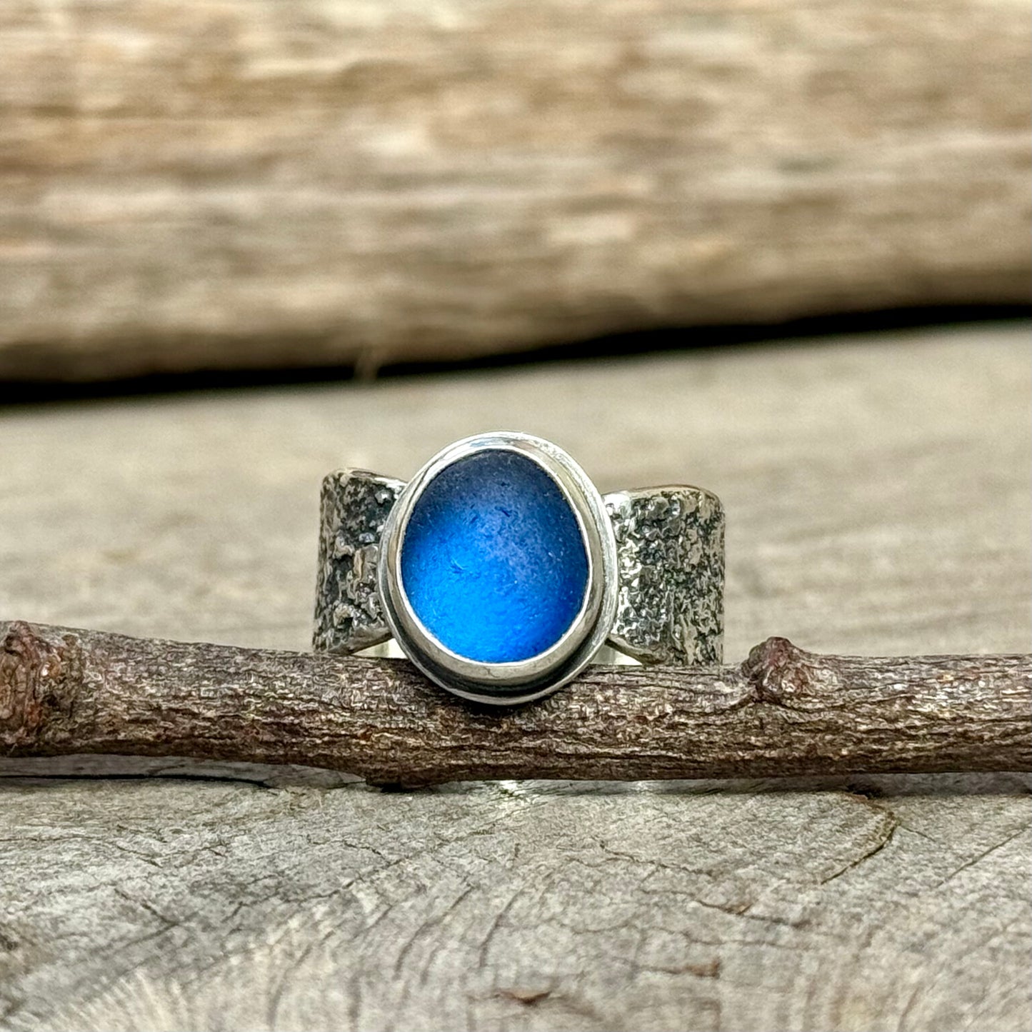 Glimmering Shore Silver and Sea Glass Ring - Cobalt Blue
