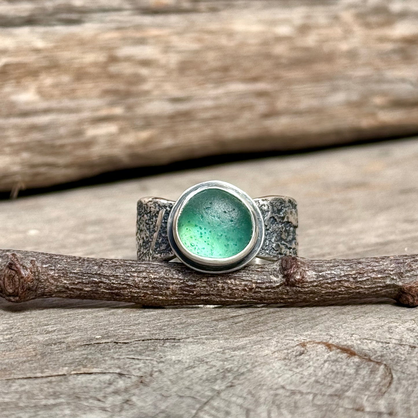 Glimmering Shore Silver and Sea Glass Ring - Light Teal Green