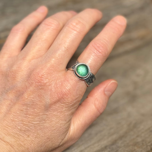 Glimmering Shore Silver and Sea Glass Ring - Light Teal Green