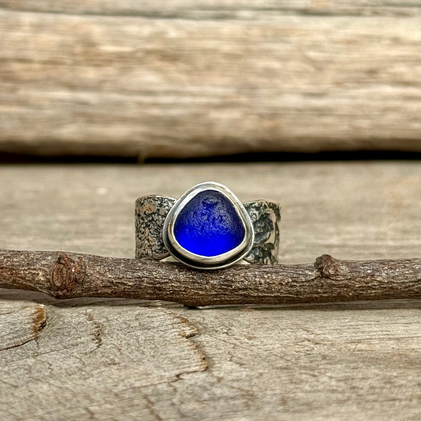 Glimmering Shore Silver and Sea Glass Ring - Dark Cobalt Blue