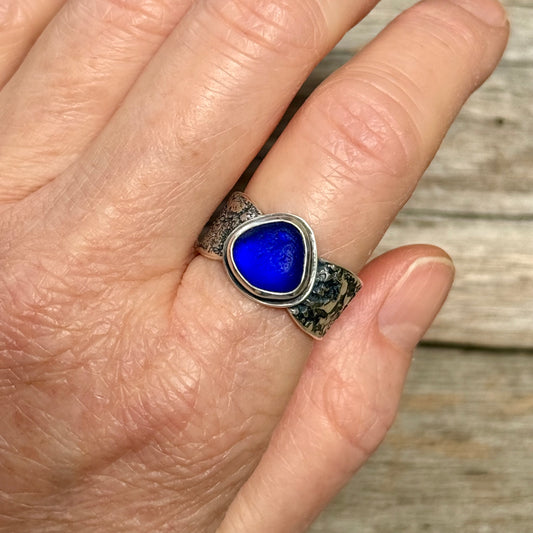 Glimmering Shore Silver and Sea Glass Ring - Dark Cobalt Blue