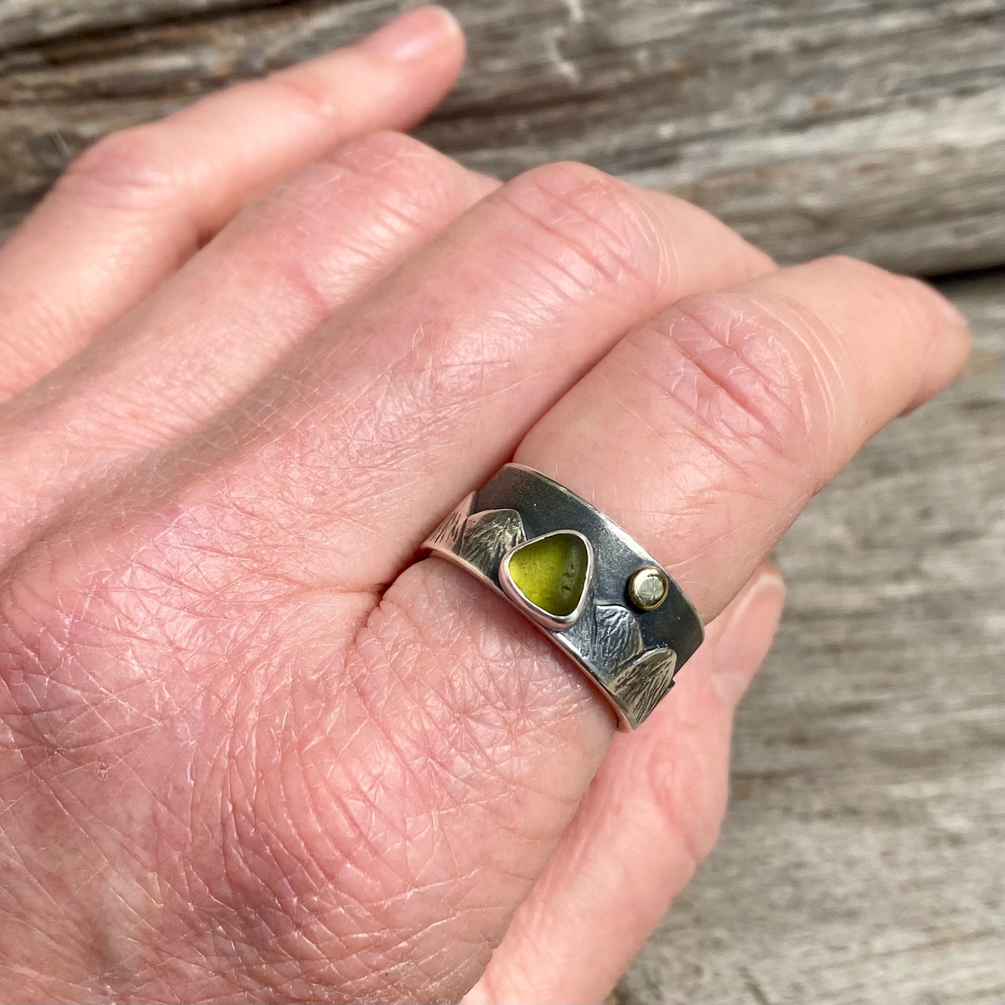 (Reserved for V Payment 1 of 2)  Vancouver Island sea glass mountain ring with 18k gold moon