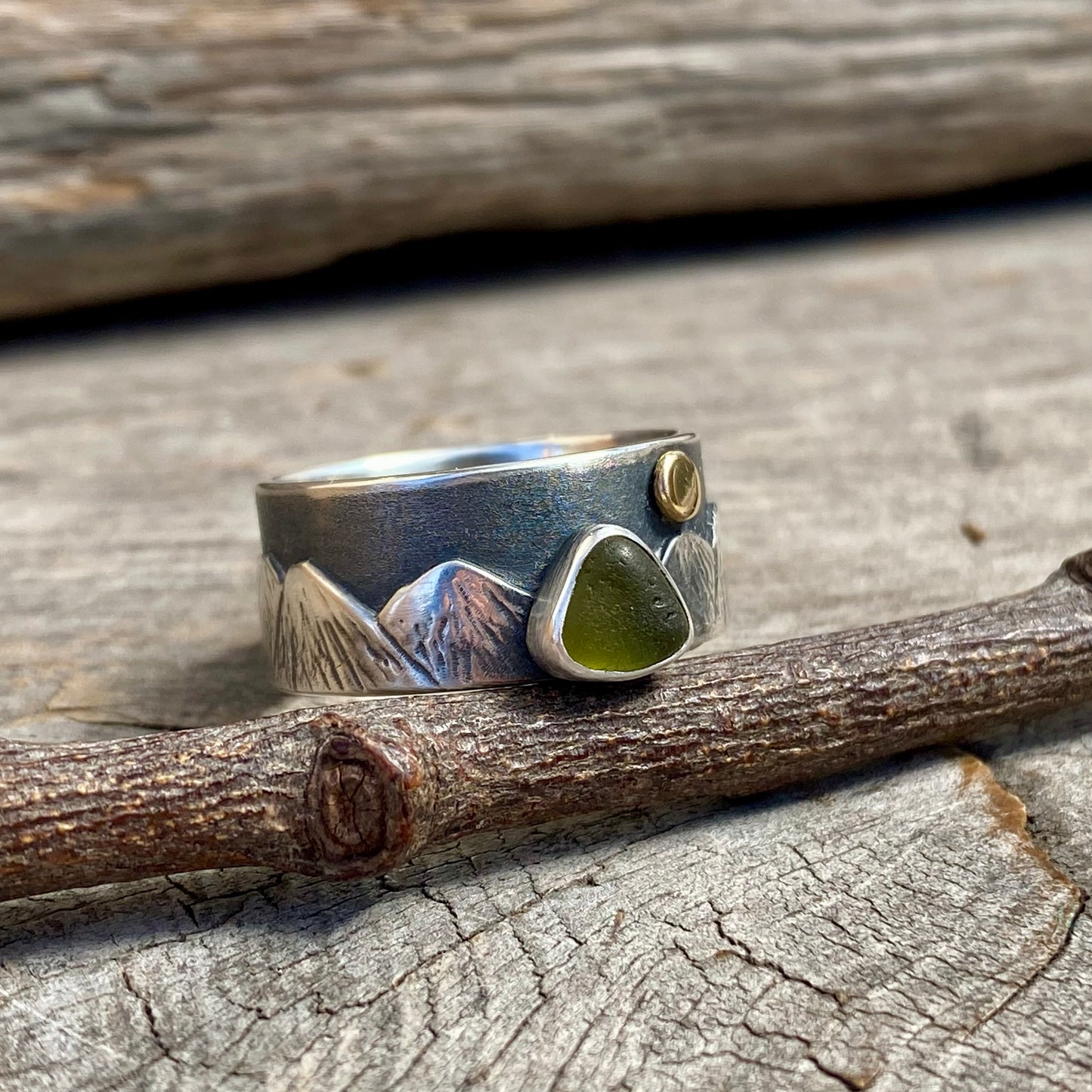 (Reserved for V Payment 1 of 2)  Vancouver Island sea glass mountain ring with 18k gold moon