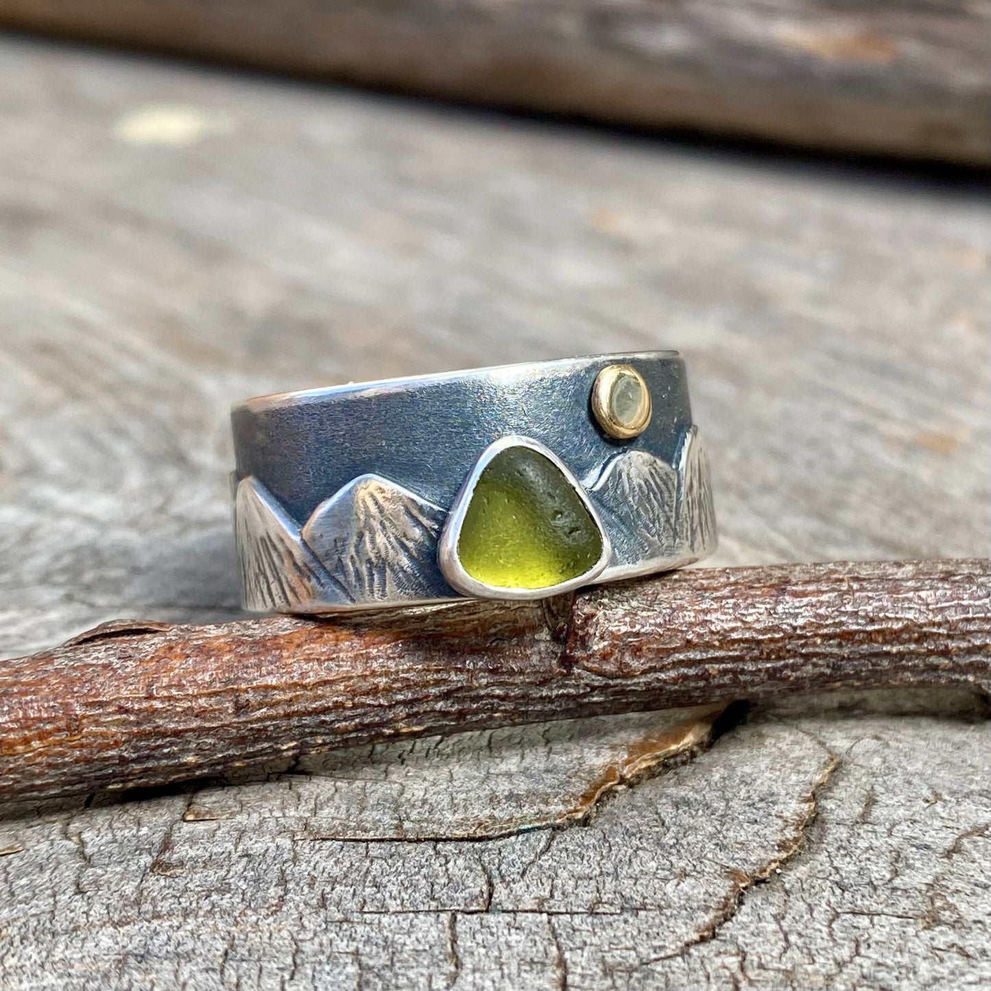 (Reserved for V Payment 1 of 2)  Vancouver Island sea glass mountain ring with 18k gold moon