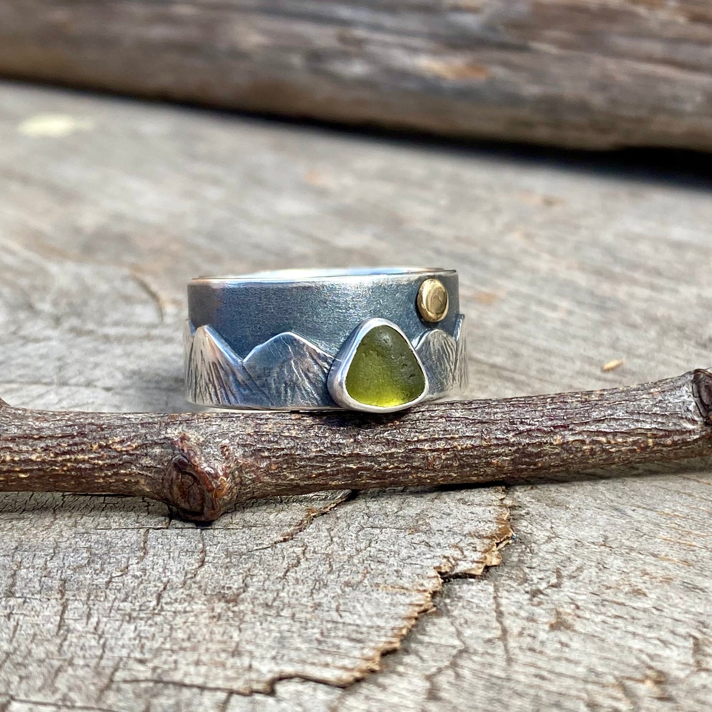 (Reserved for V Payment 1 of 2)  Vancouver Island sea glass mountain ring with 18k gold moon