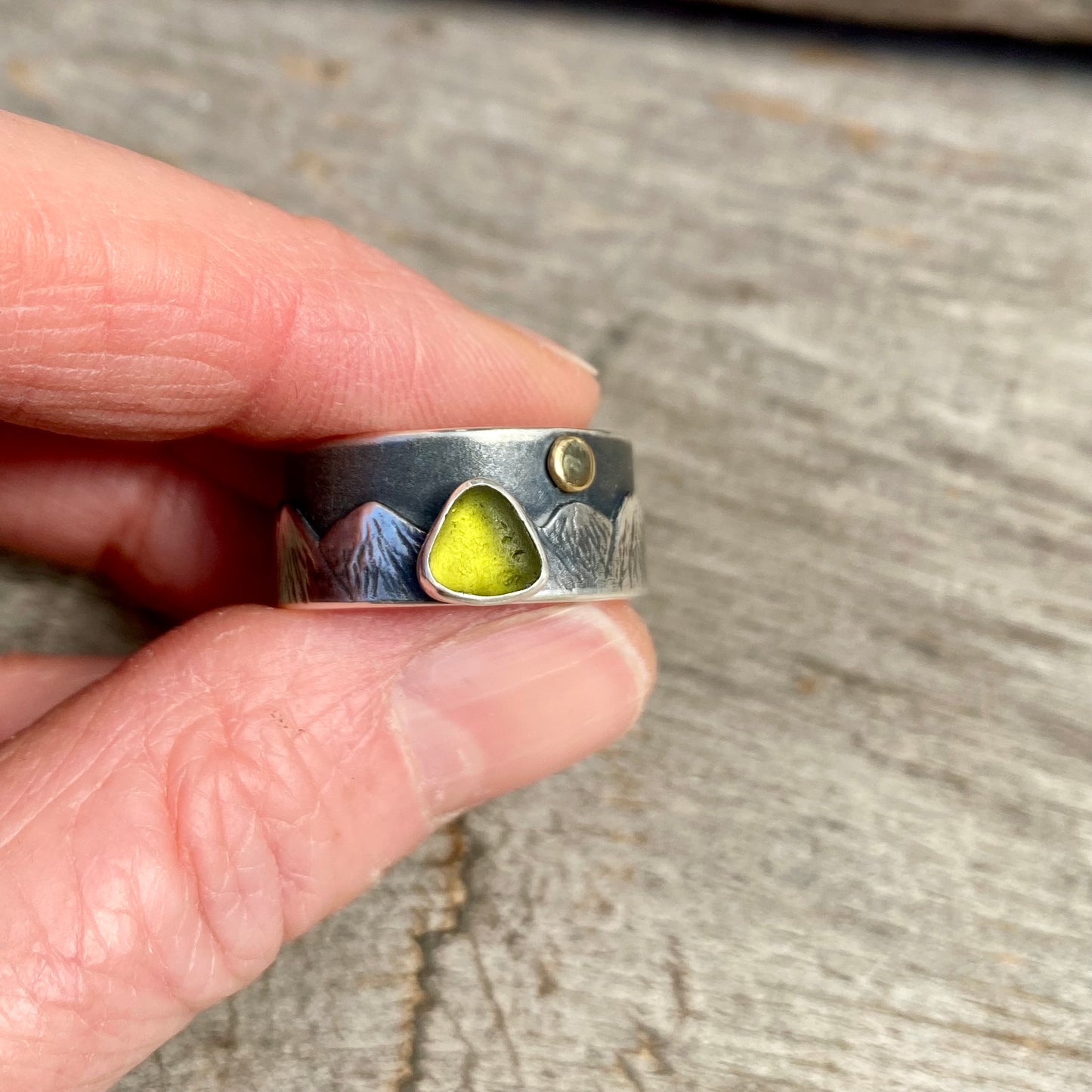 (Reserved for V Payment 1 of 2)  Vancouver Island sea glass mountain ring with 18k gold moon