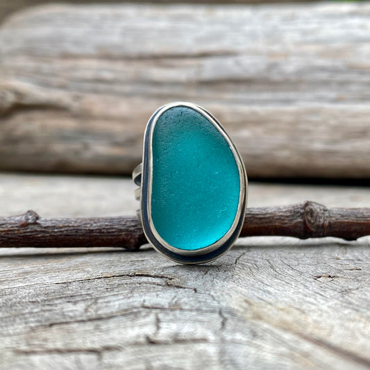 Peacock blue Japanese sea glass ring size 7.5