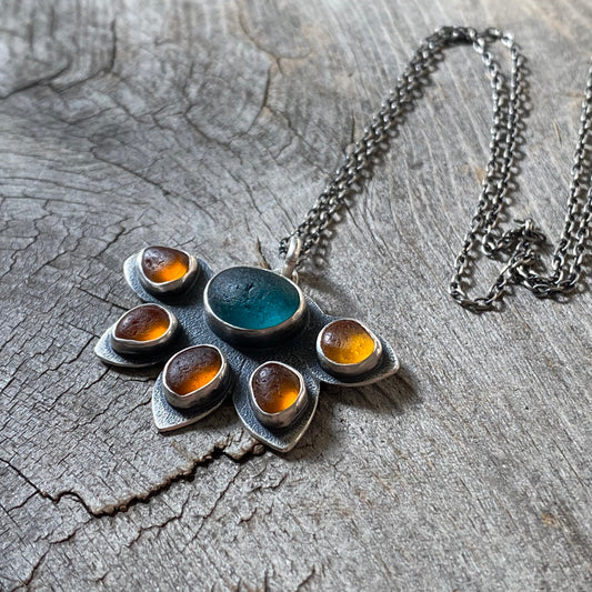 Teal Seaham and Vancouver Isle Amber Sea Glass Pendant