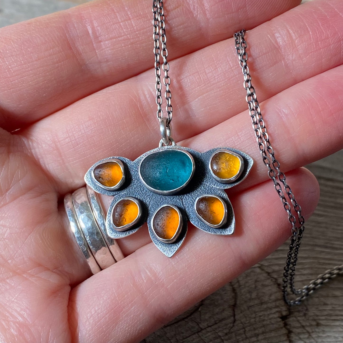 Teal Seaham and Vancouver Isle Amber Sea Glass Pendant