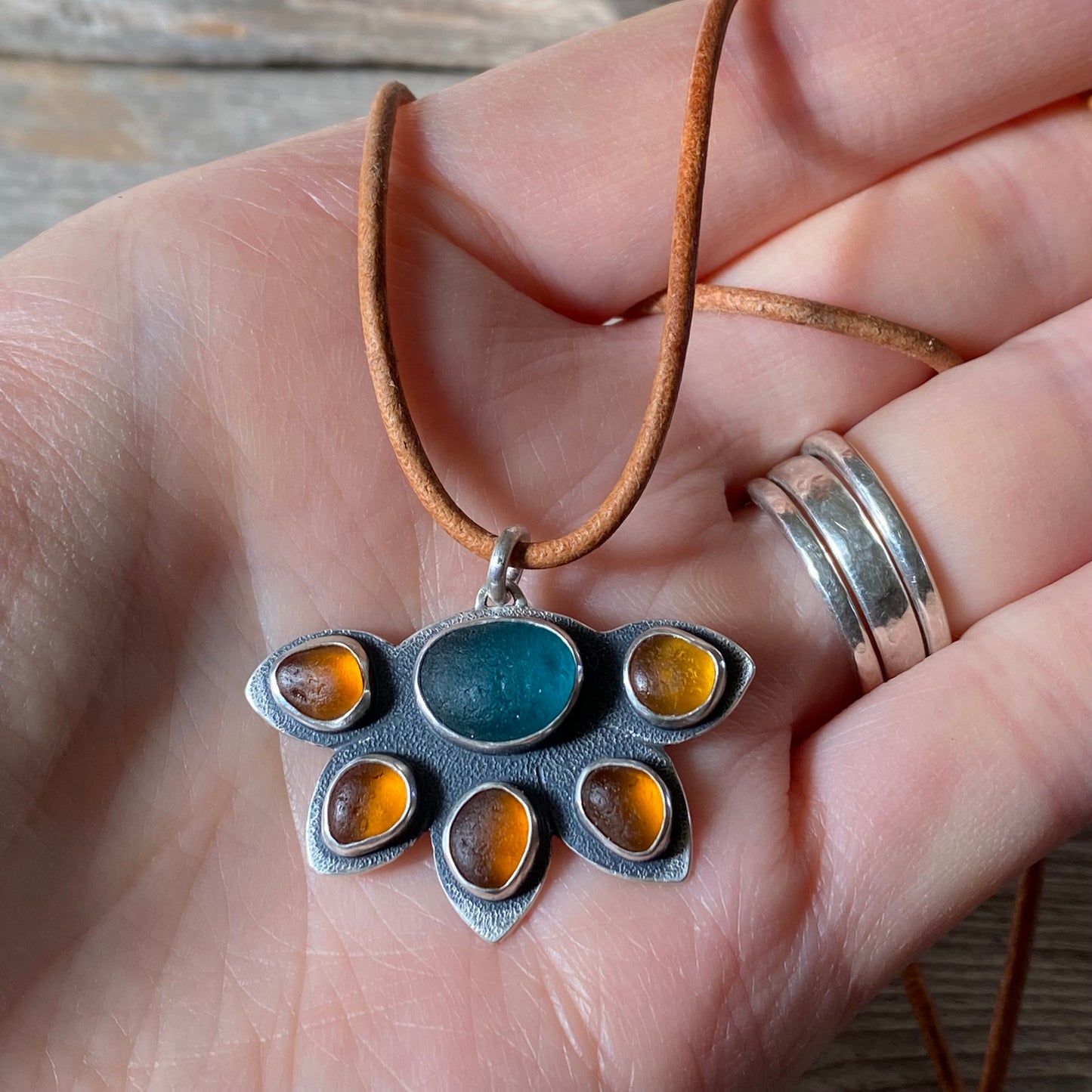 Teal Seaham and Vancouver Isle Amber Sea Glass Pendant