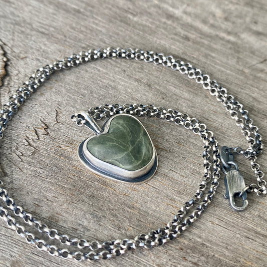 Dark Green Vancouver Island Beach Stone Heart Pendant