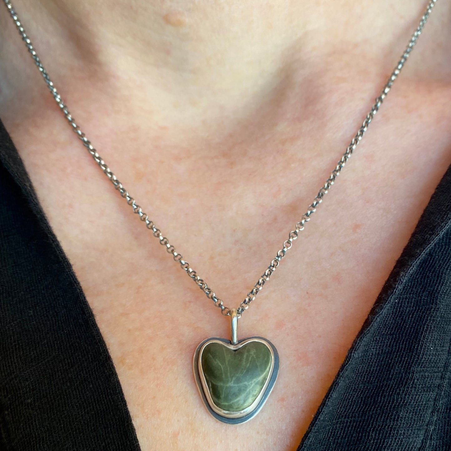 Dark Green Vancouver Island Beach Stone Heart Pendant