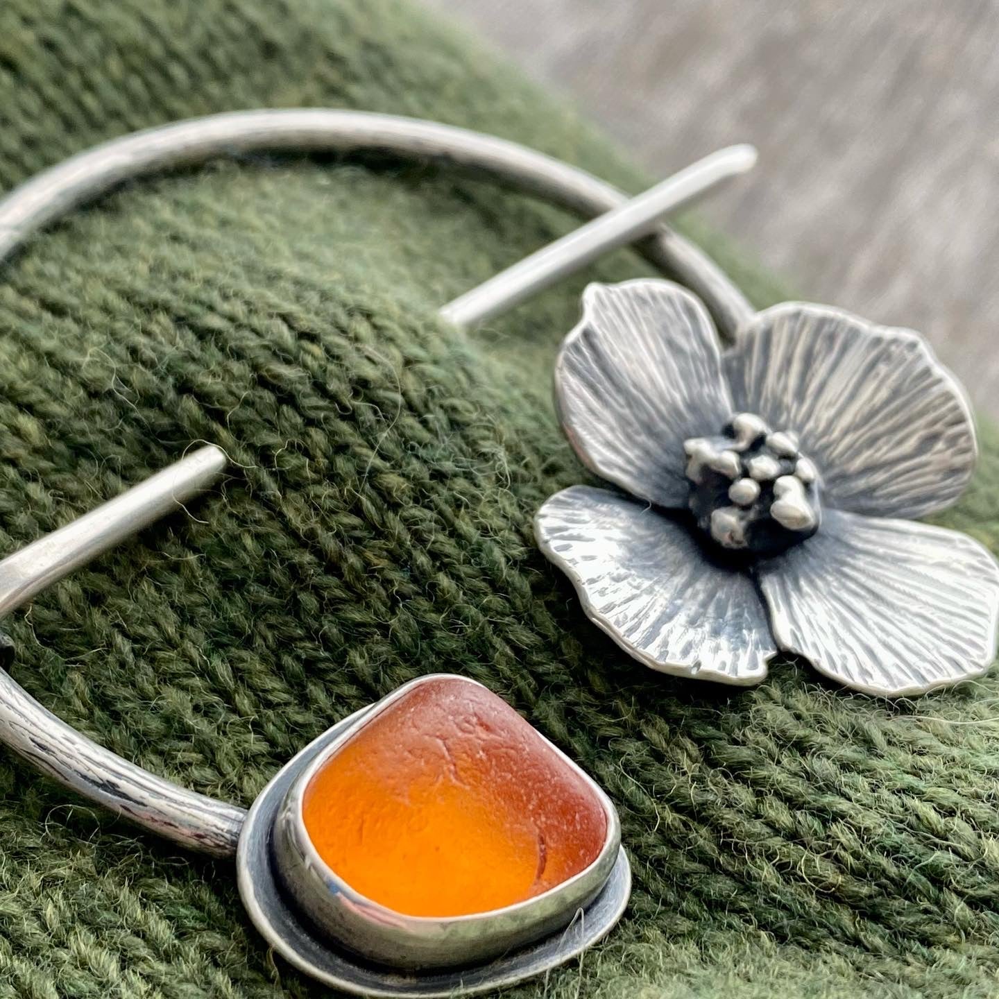Rare genuine orange sea glass poppy pin