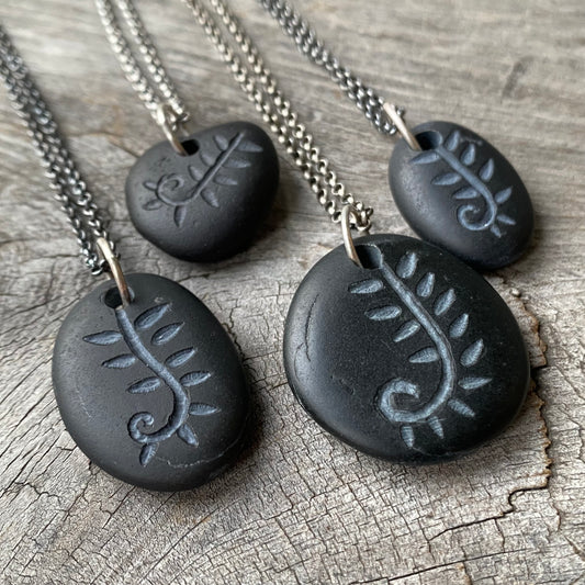 Vancouver Island Basalt Beach Stone Carved Fern Pendants