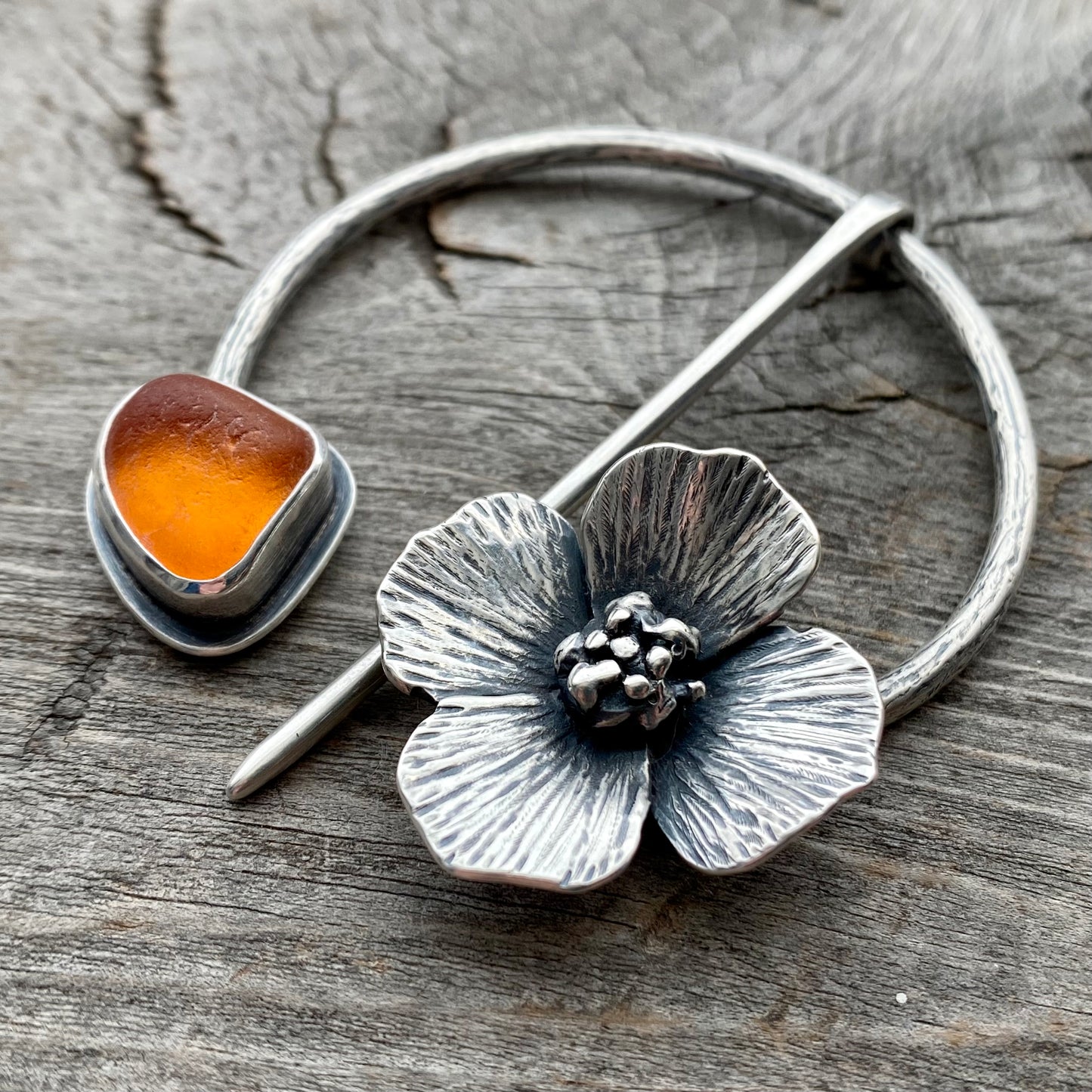 Rare genuine orange sea glass poppy pin