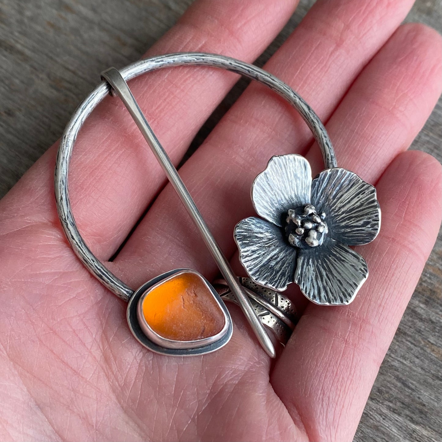 Rare genuine orange sea glass poppy pin