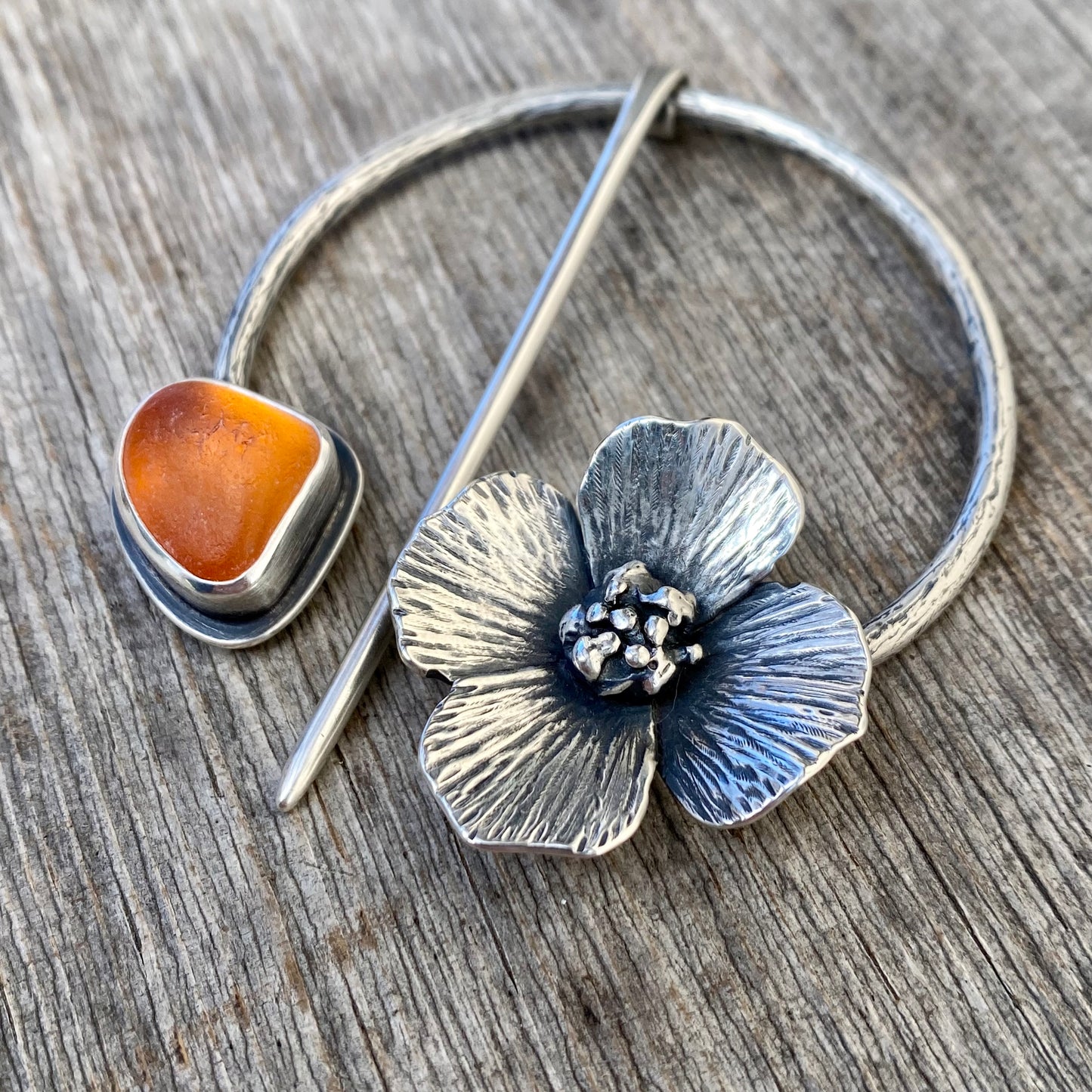 Rare genuine orange sea glass poppy pin