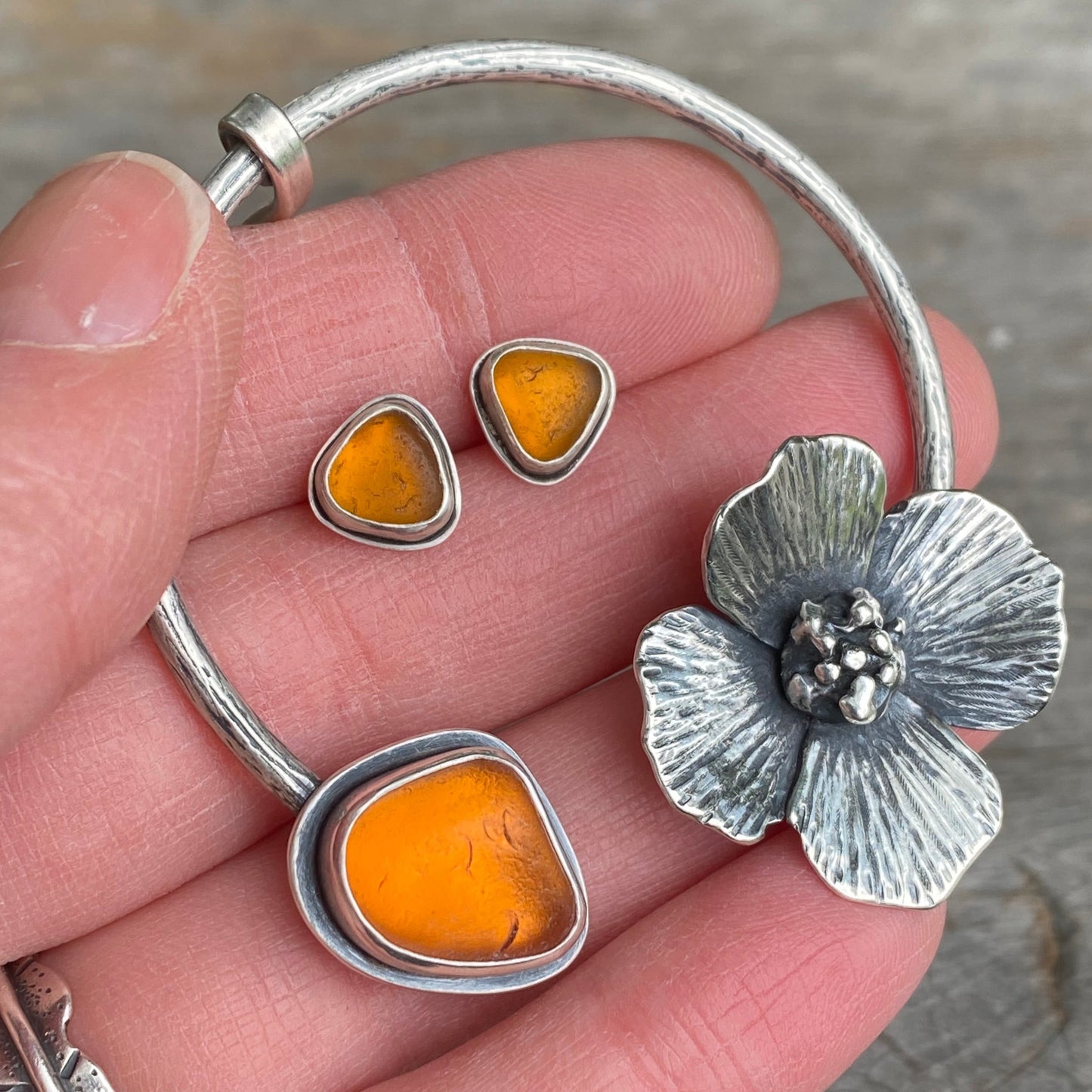 Rare genuine orange sea glass poppy pin