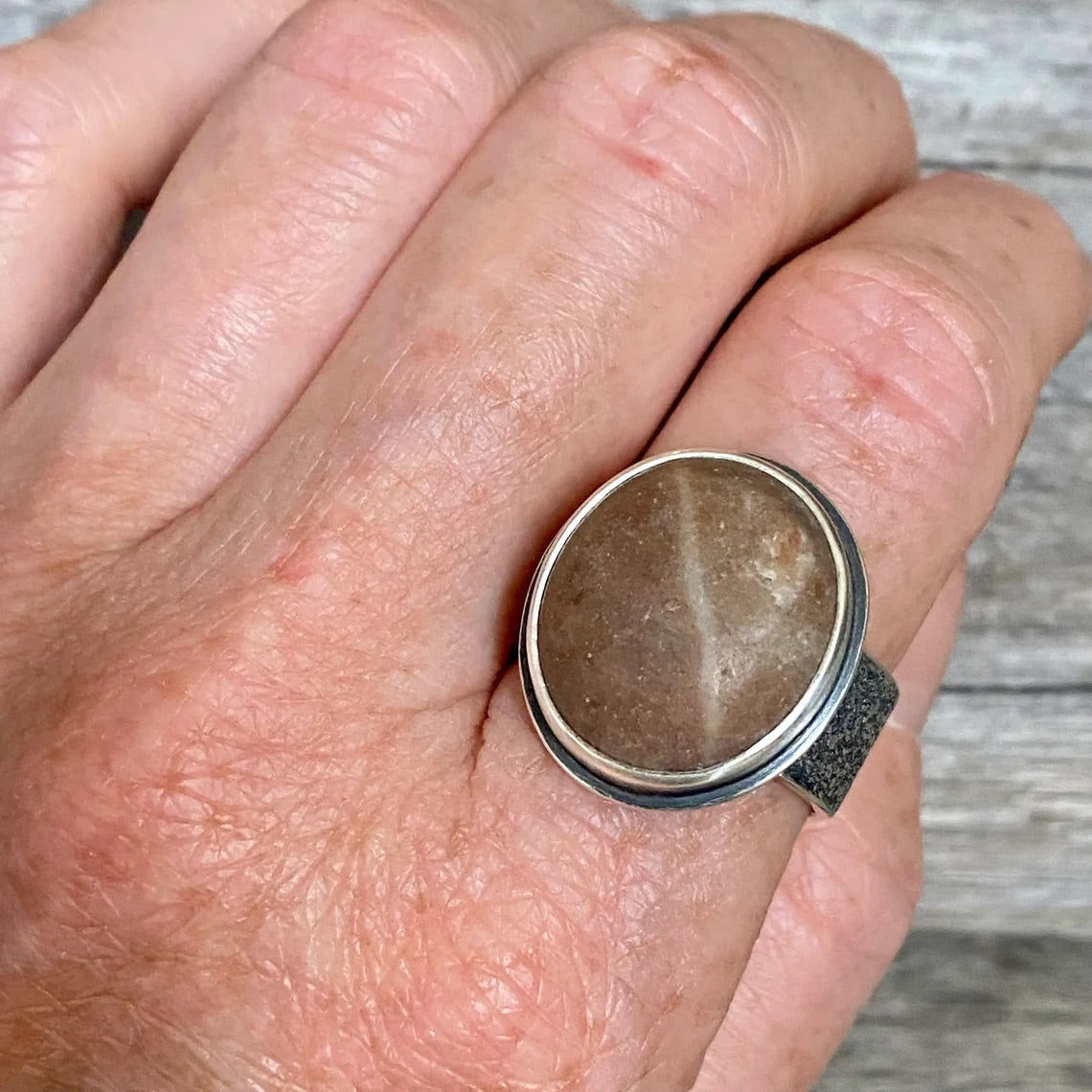 Beach stone and sterling silver wishing stone ring