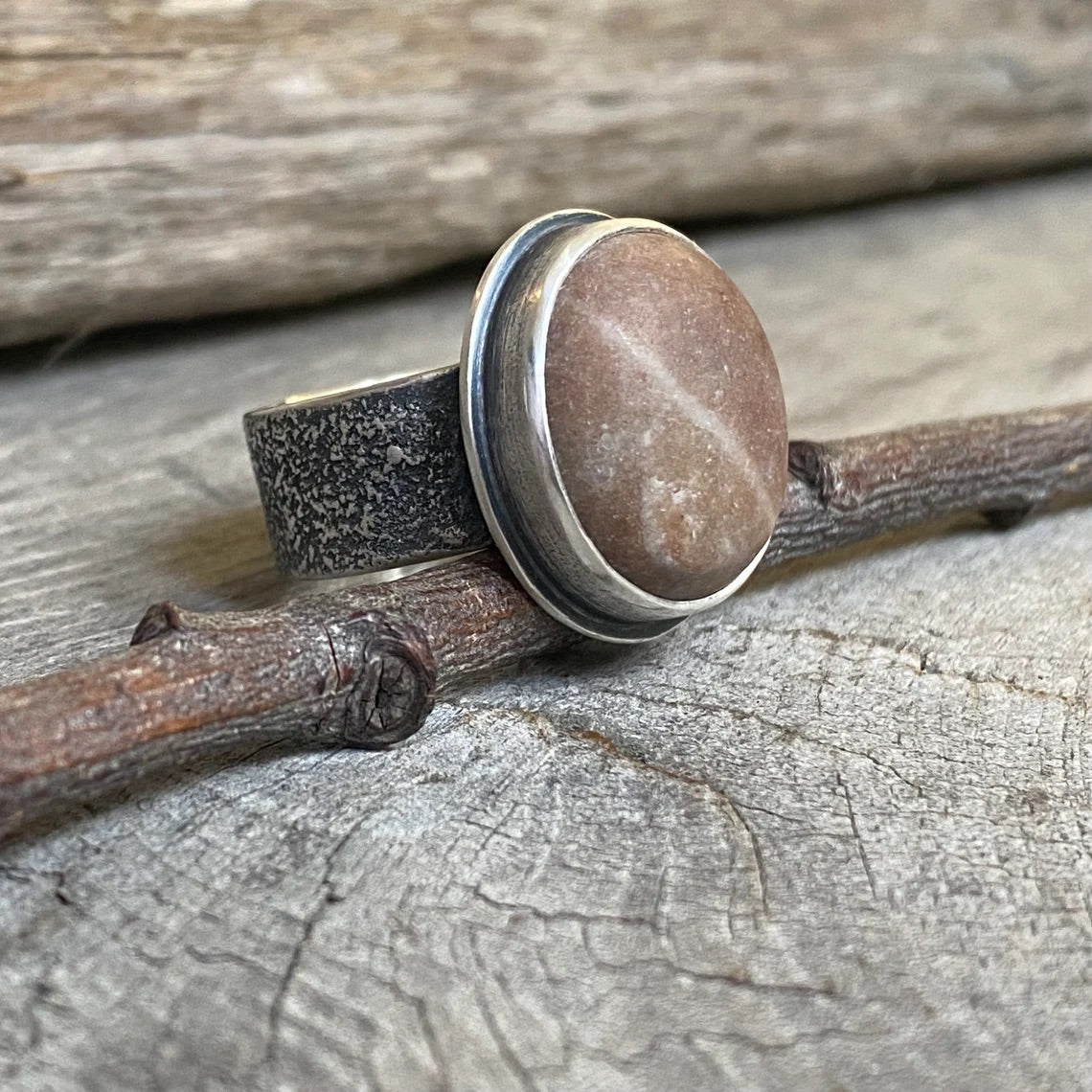 Beach stone and sterling silver wishing stone ring