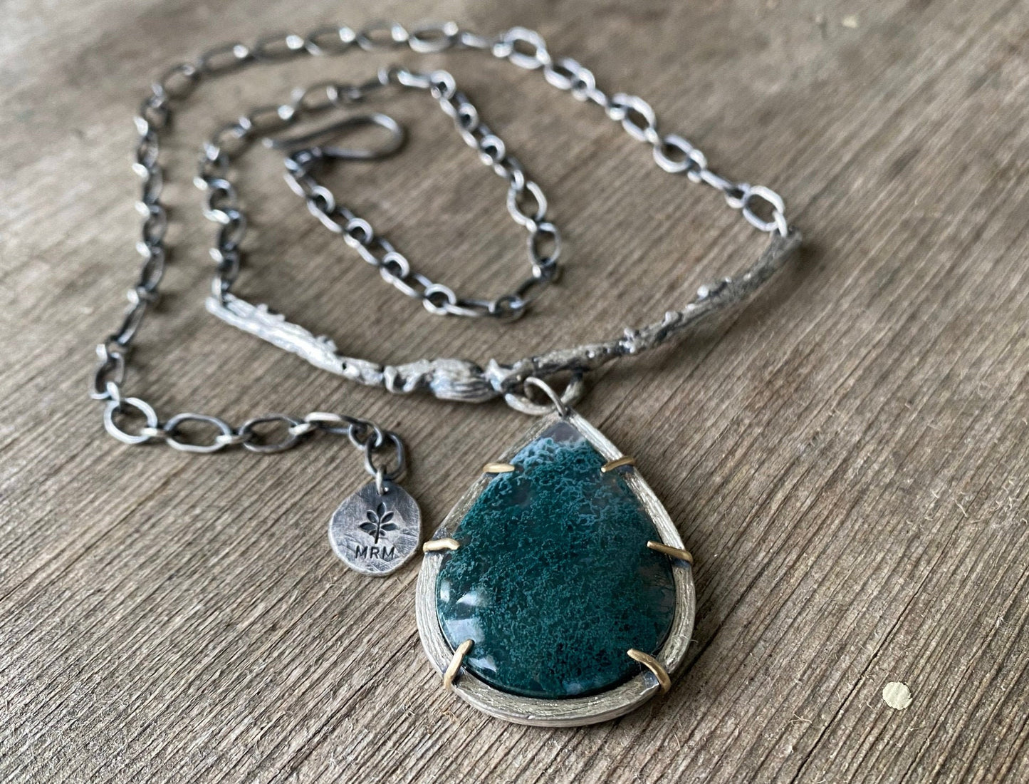 Moss agate forest branch pendant