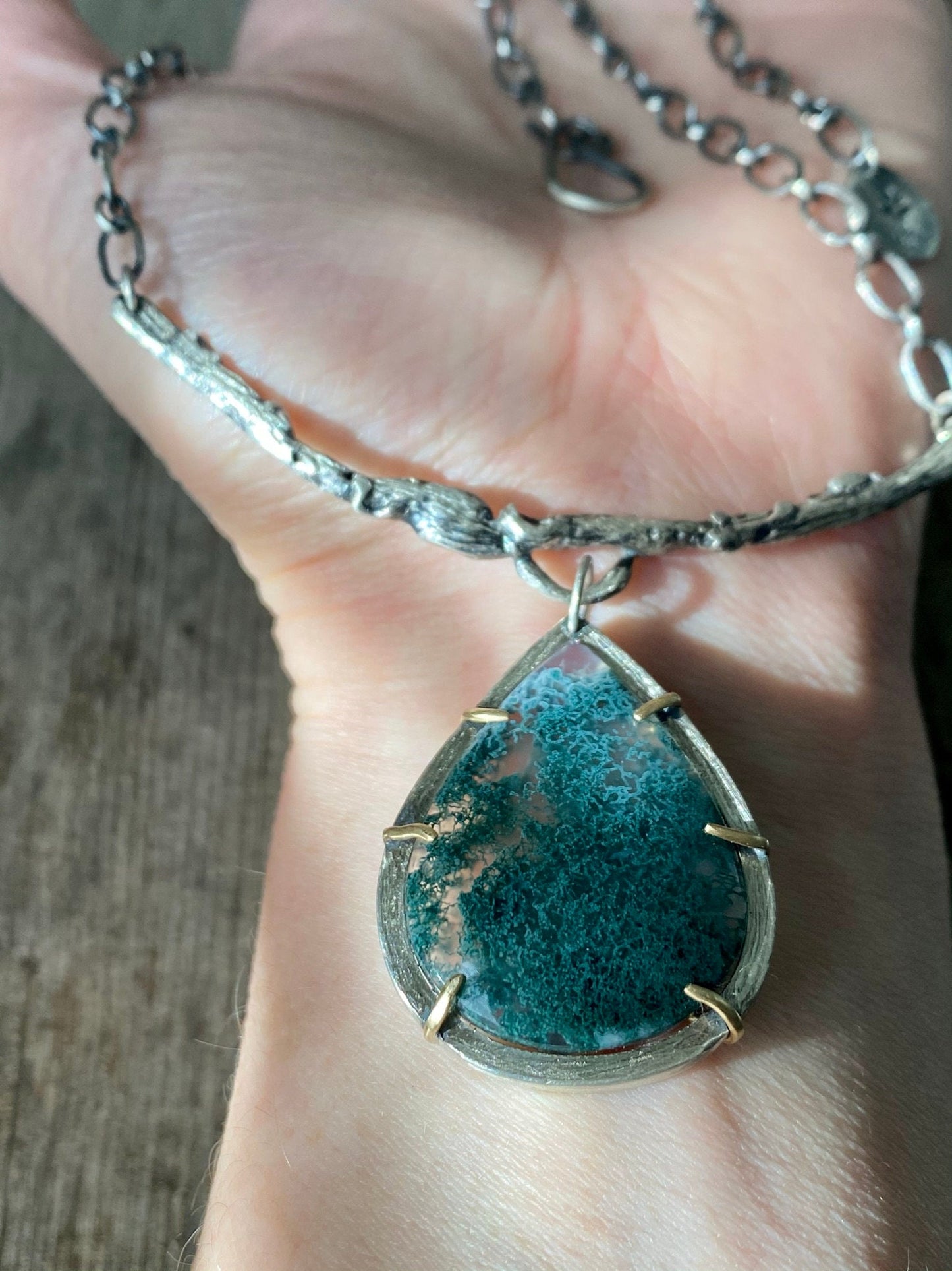 Moss agate forest branch pendant