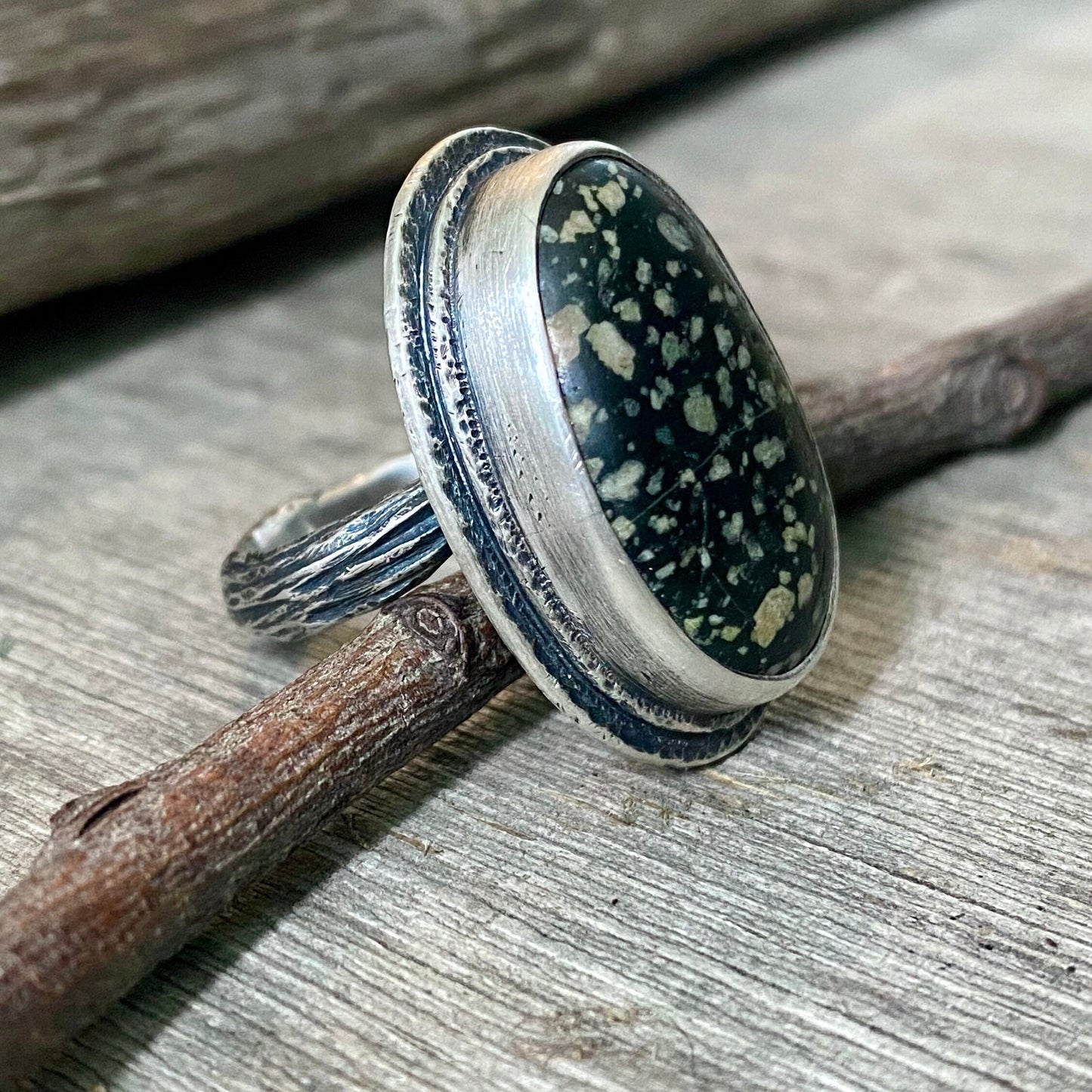 Beach stone ring with hand carved twig band size 8.25