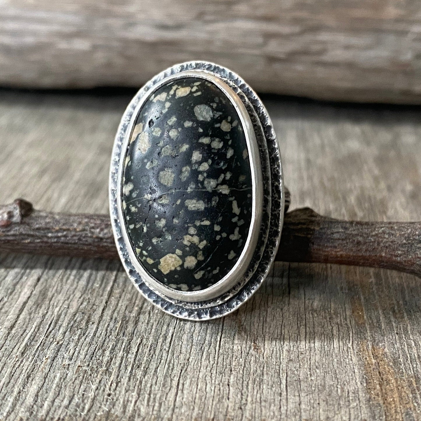 Beach stone ring with hand carved twig band size 8.25