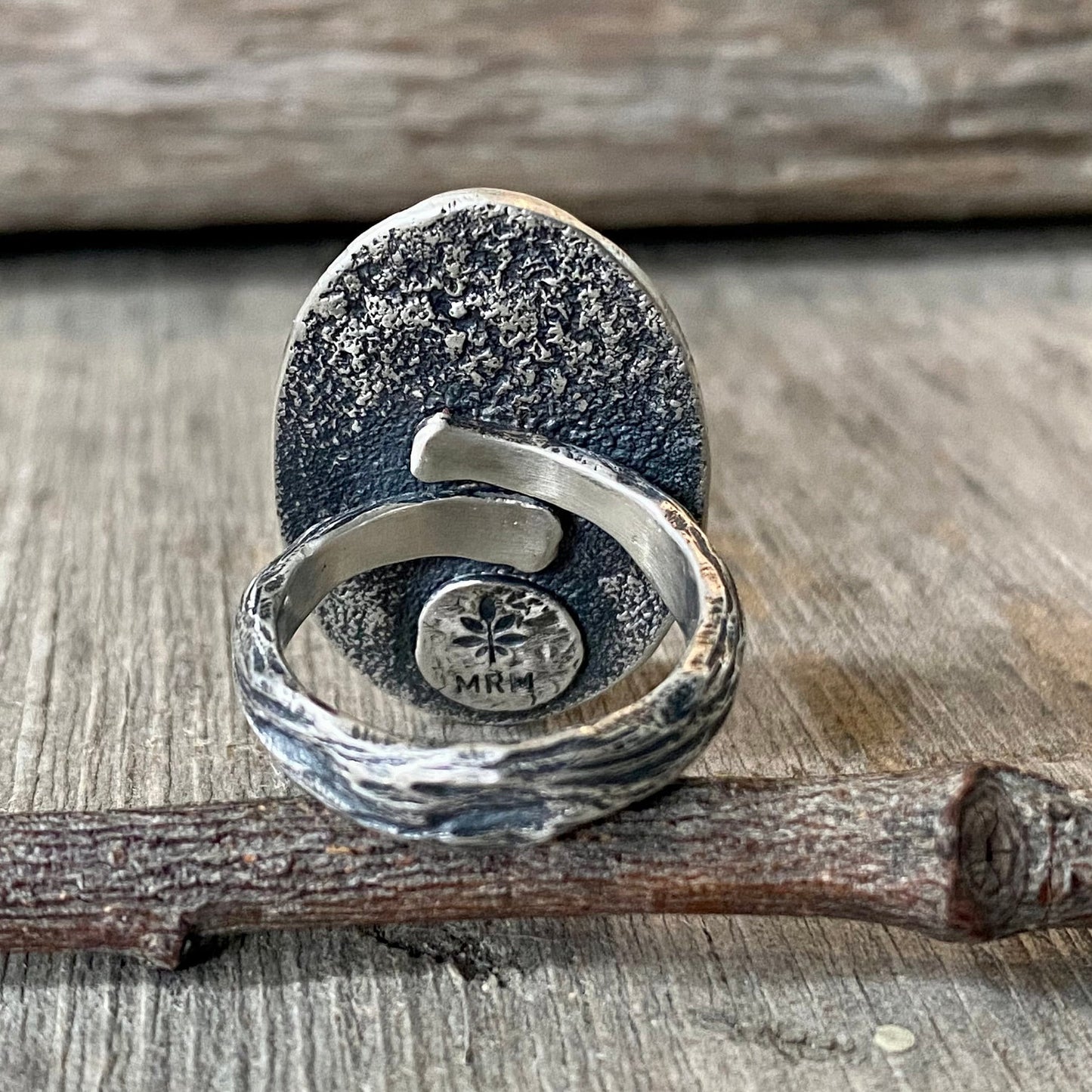 Beach stone ring with hand carved twig band size 8.25