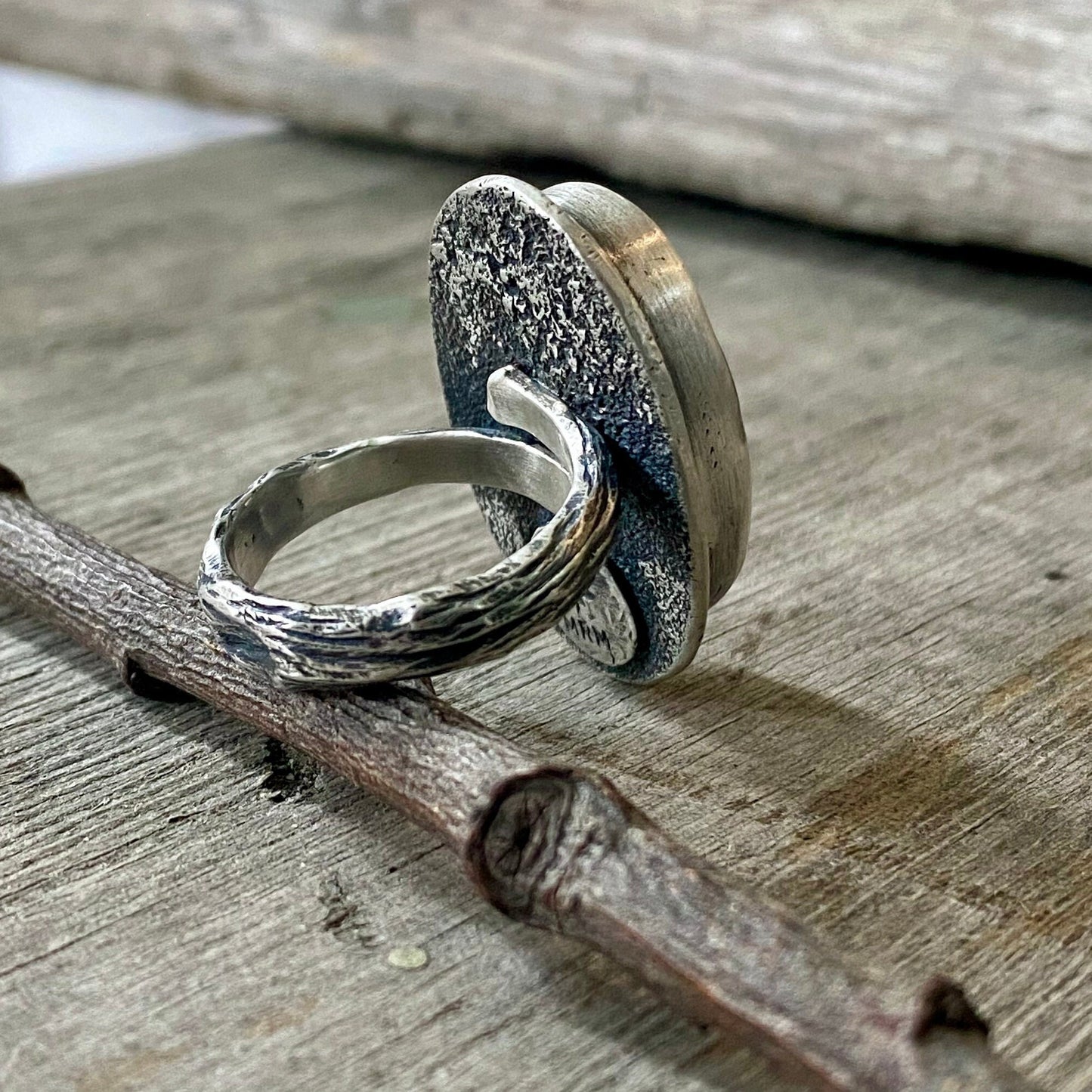 Beach stone ring with hand carved twig band size 8.25