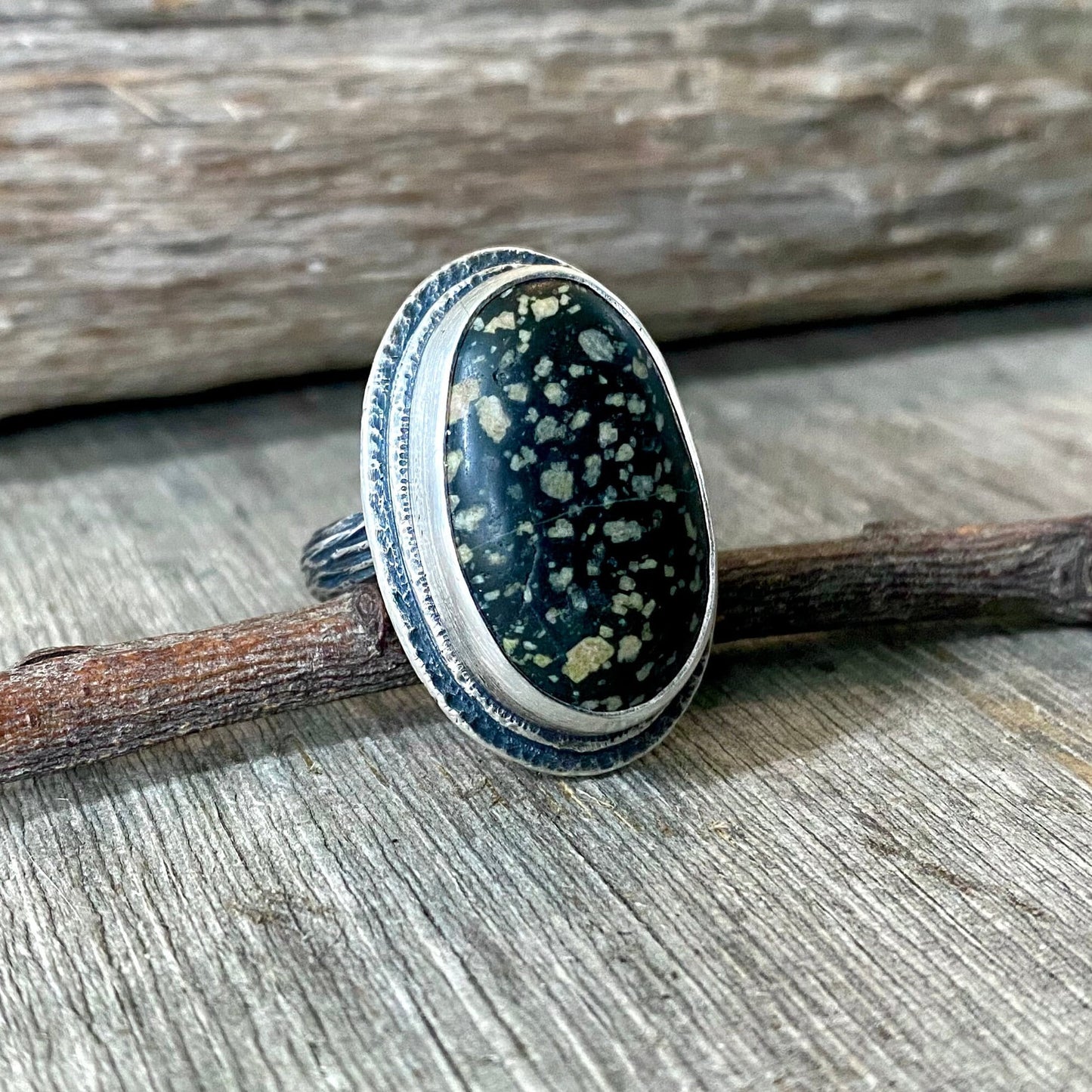 Beach stone ring with hand carved twig band size 8.25