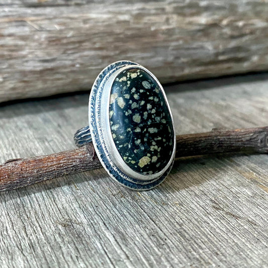 Beach stone ring with hand carved twig band size 8.25