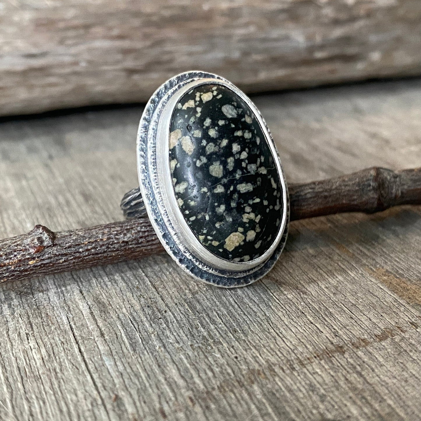 Beach stone ring with hand carved twig band size 8.25