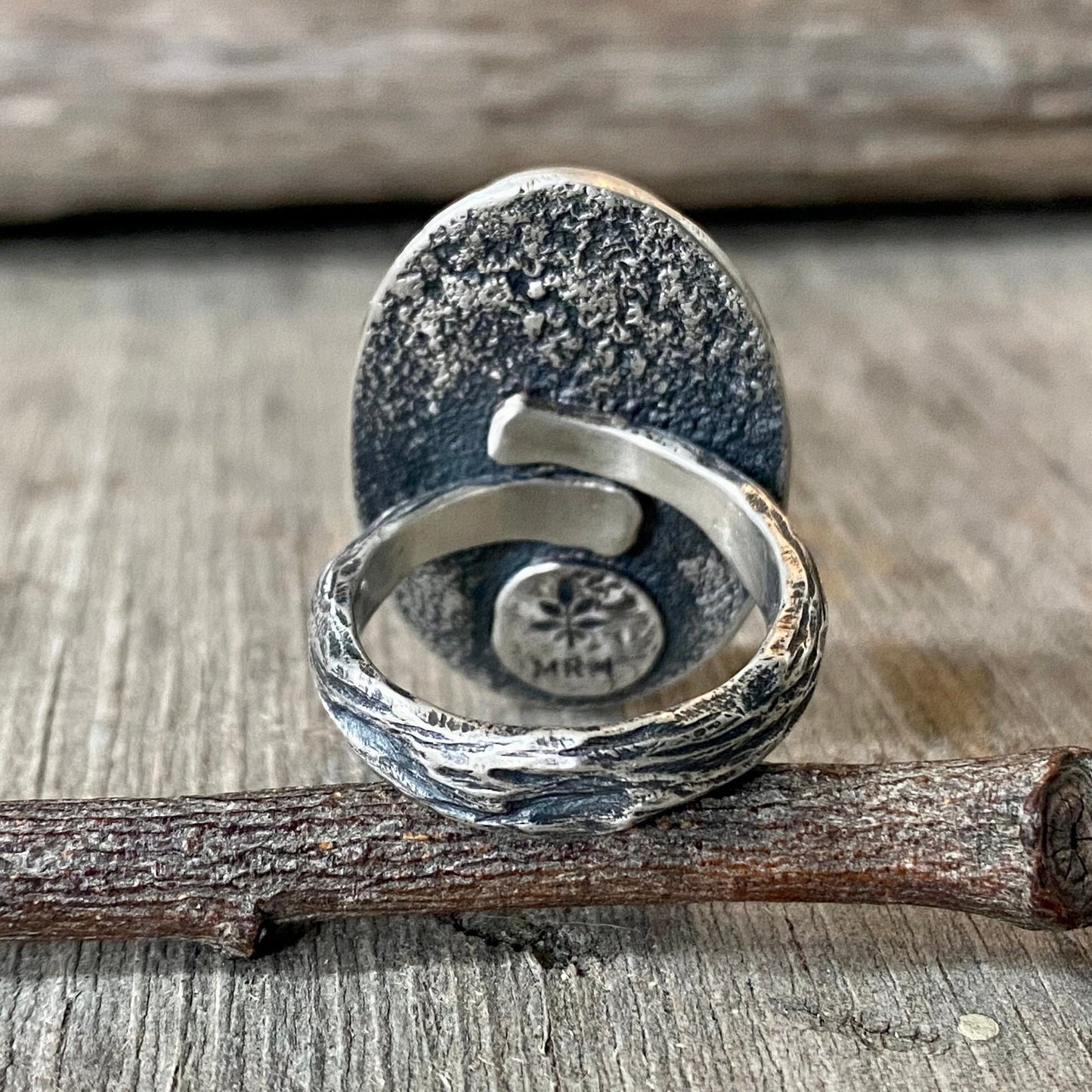 Beach stone ring with hand carved twig band size 8.25