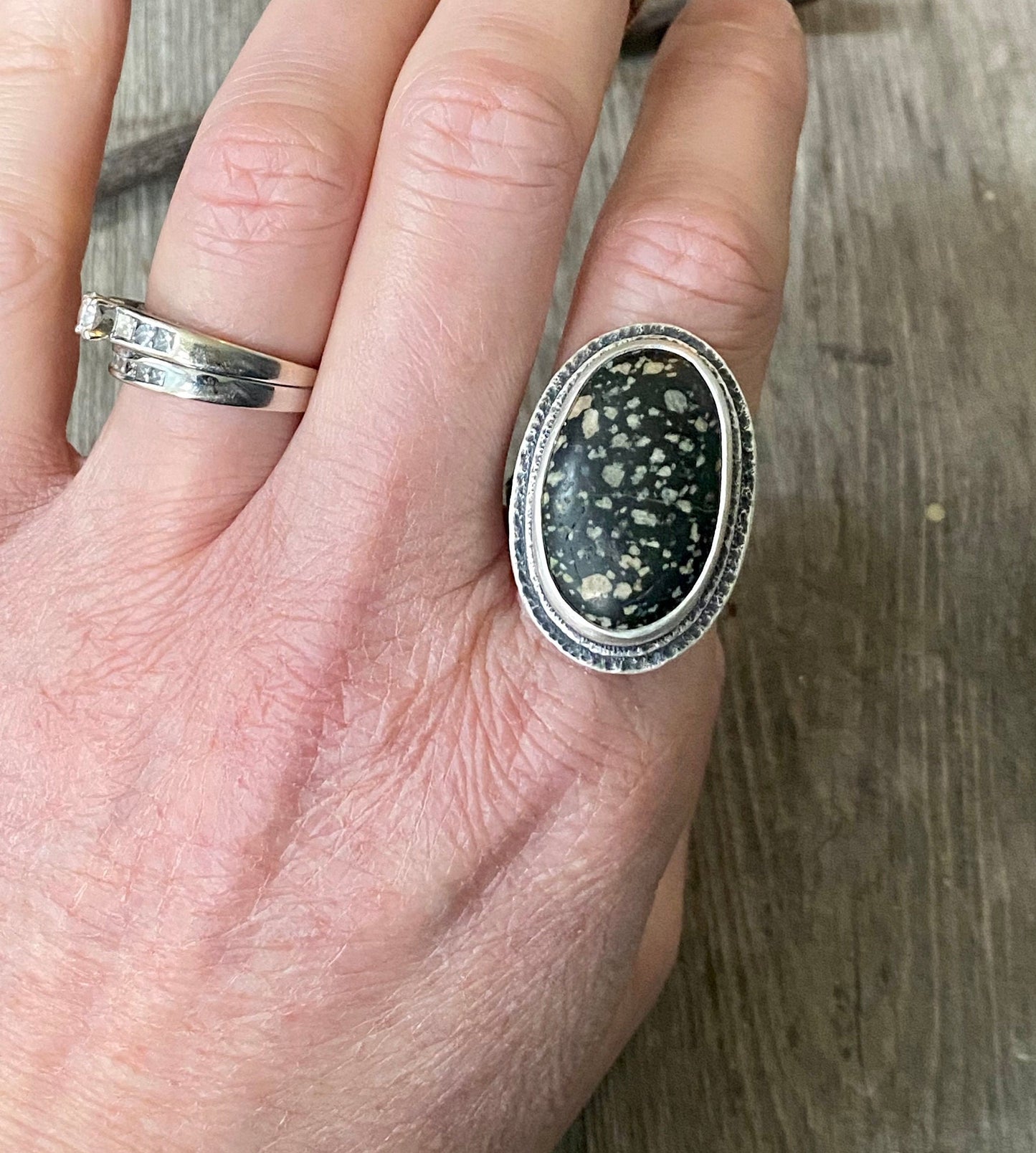 Beach stone ring with hand carved twig band size 8.25