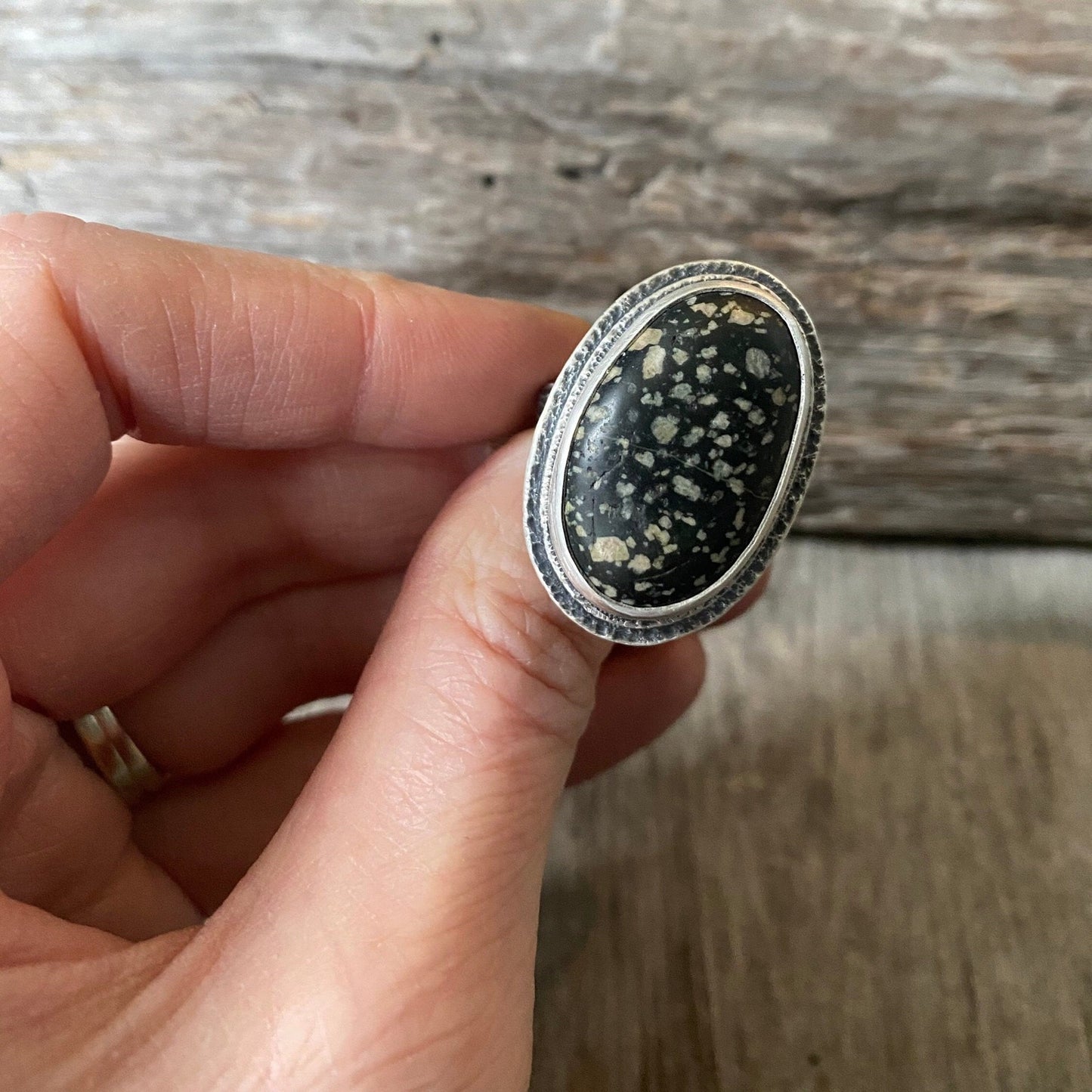 Beach stone ring with hand carved twig band size 8.25