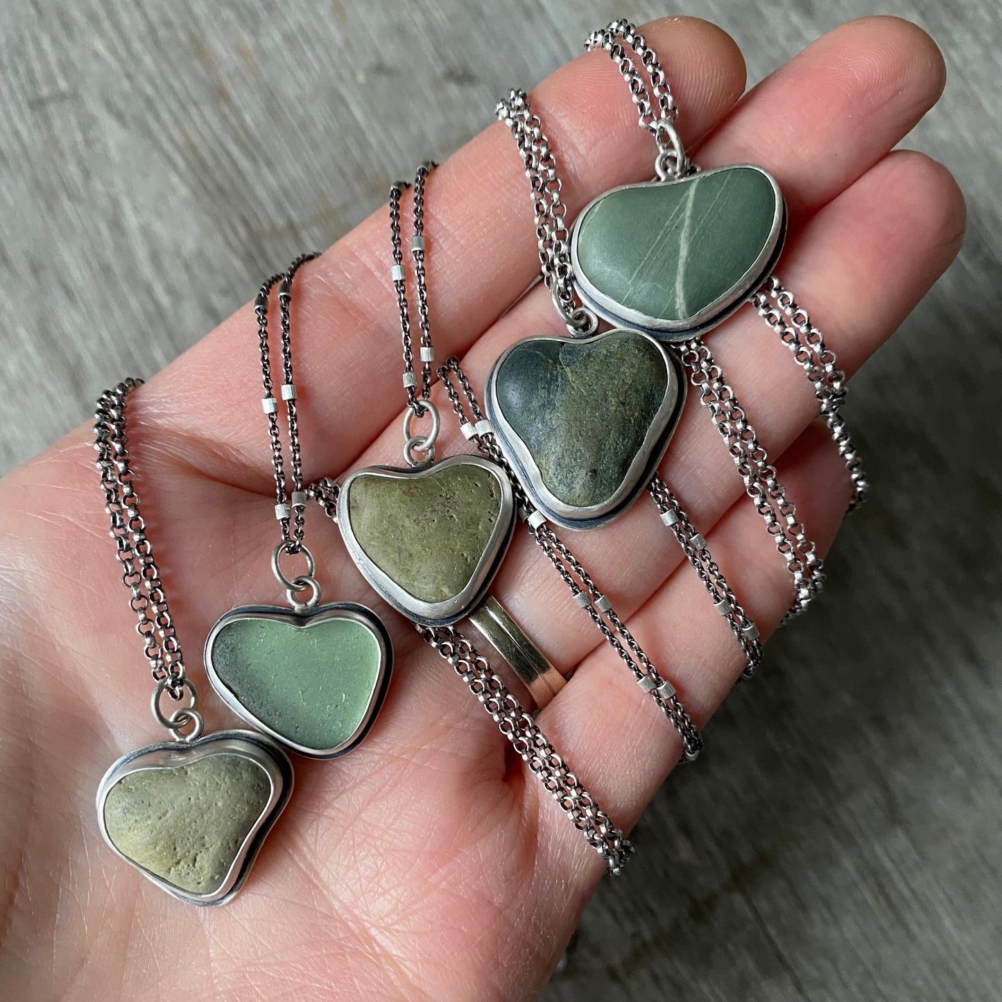 Sterling silver beach stone heart pendants
