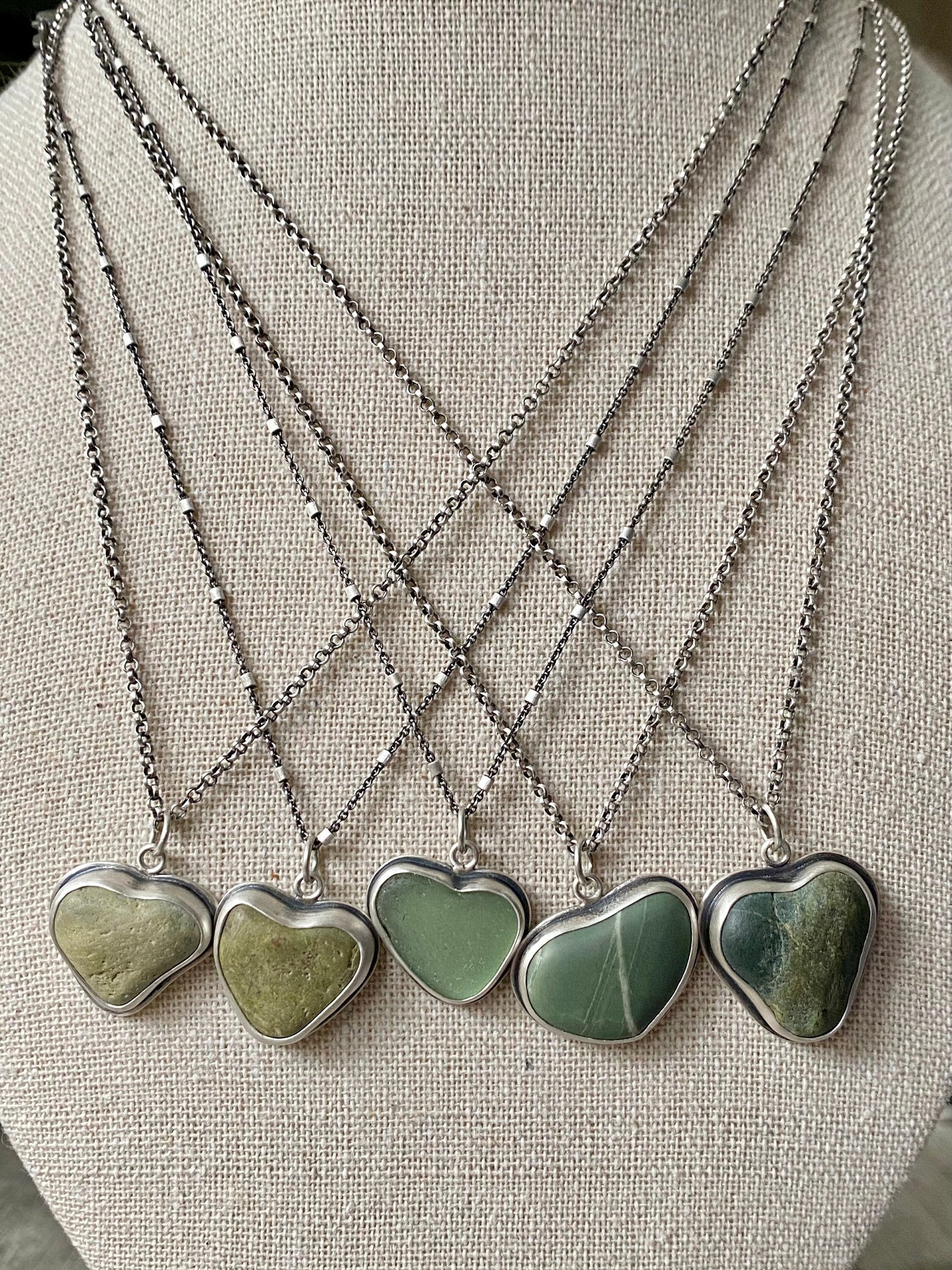Sterling silver beach stone heart pendants