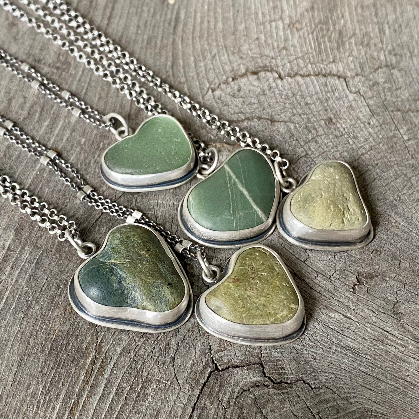Sterling silver beach stone heart pendants