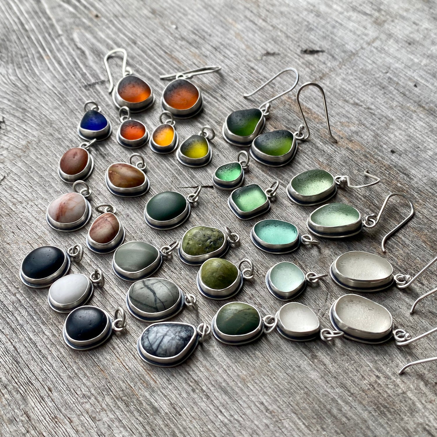 sea glass dangles, sea glass pendants, beach stone pendants, amber, blue, green, white aqua, Black Sea glass and beach stones